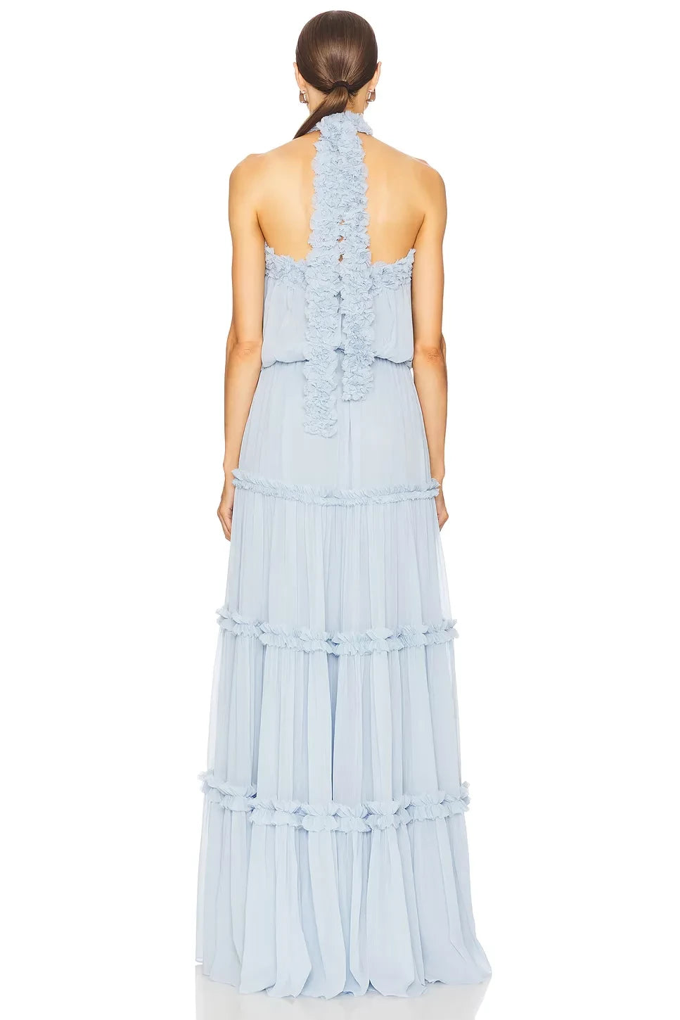 Ethereal Sheath Halter Neck Sleeveless Ruffled Back Floor Length Evening Dress