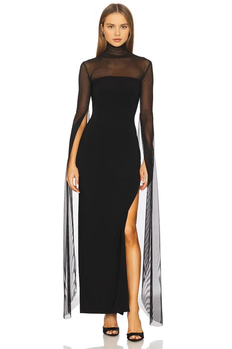 Ethereal Sheath Mock Neck Sheer Sleeve Cutout Back Floor Length Evening Dress