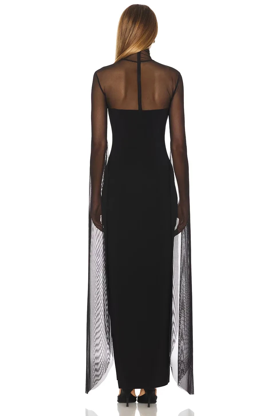 Ethereal Sheath Mock Neck Sheer Sleeve Cutout Back Floor Length Evening Dress