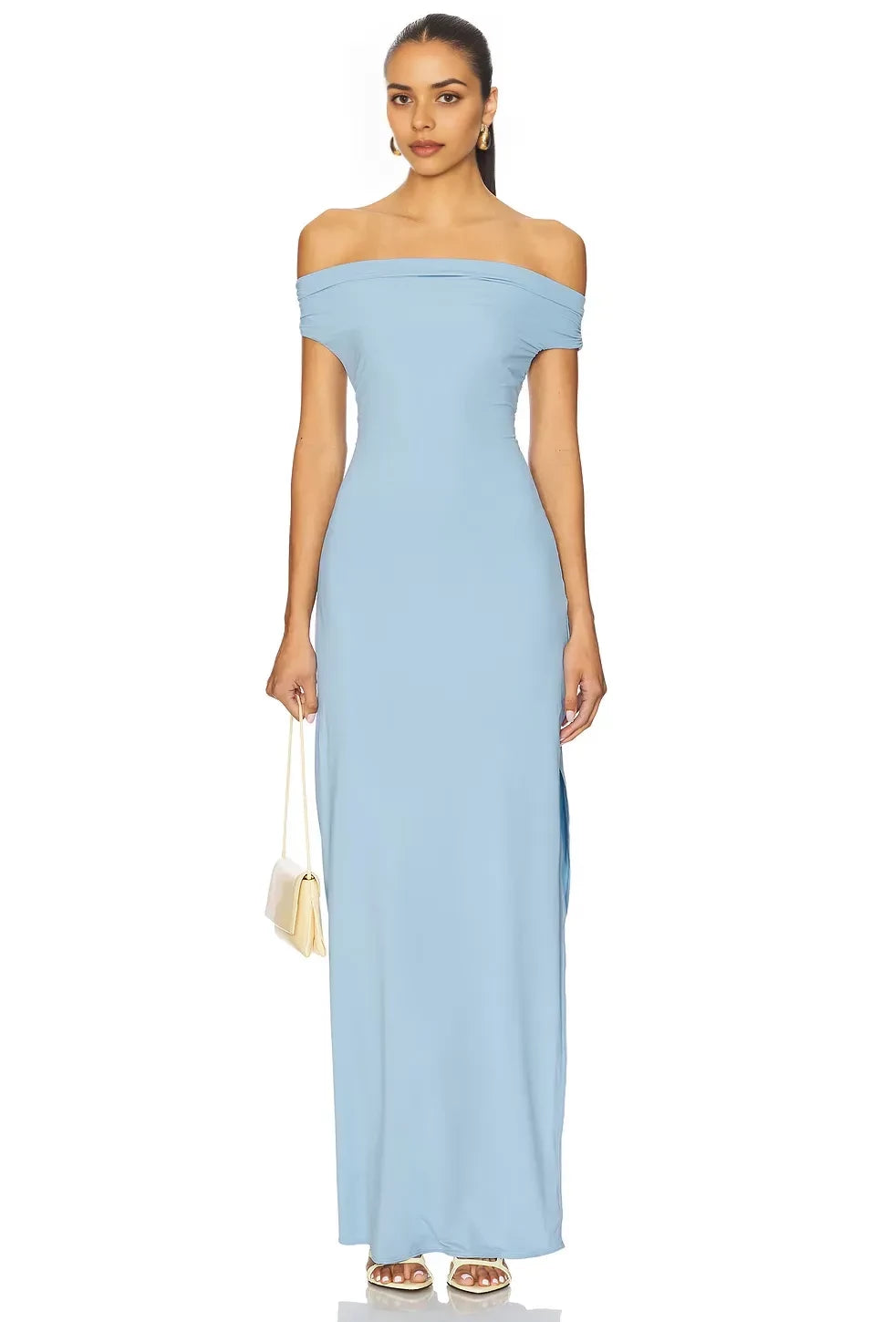 Ethereal Sheath Off Shoulder Cap Sleeve Ruched Back High Slit Floor Length Prom Dress