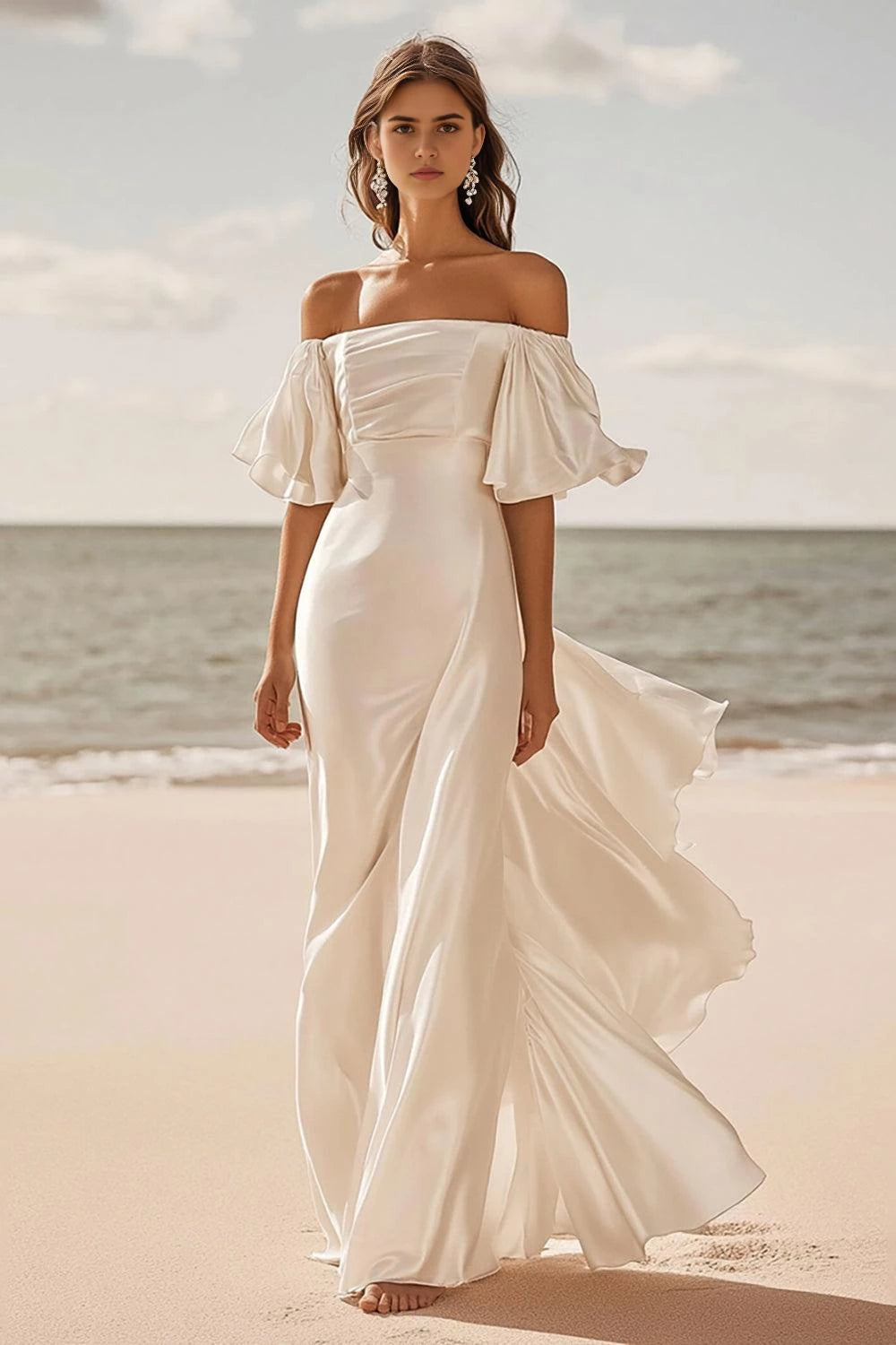 Ethereal Sheath Off Shoulder Flutter Sleeve Plain Back Floor Length Wedding Dress