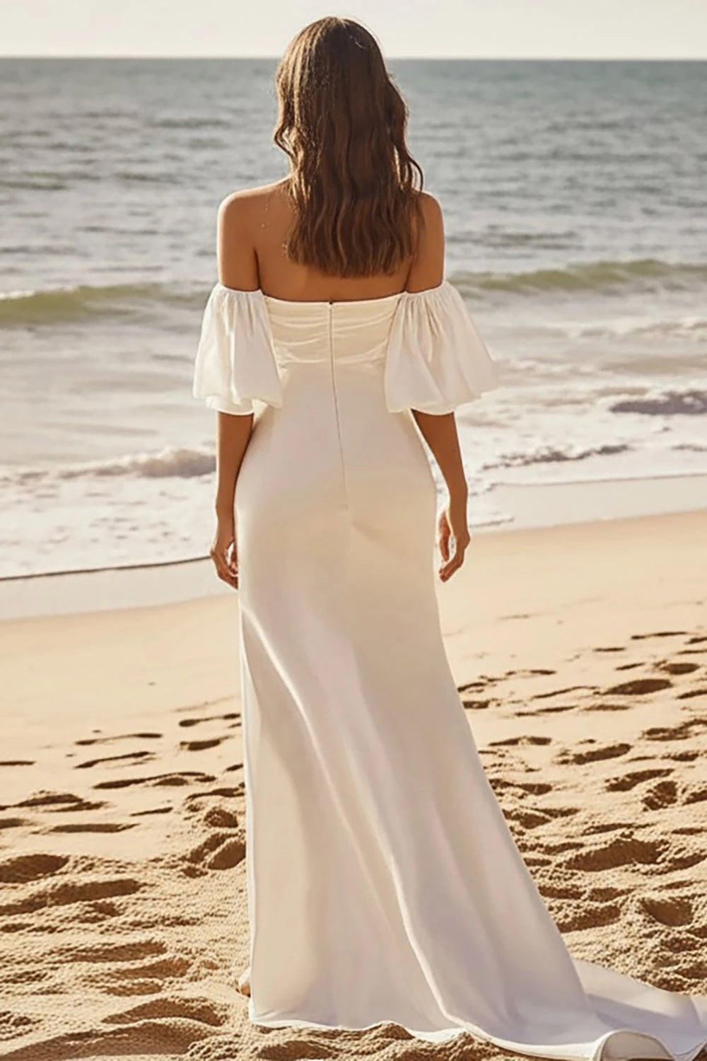 Ethereal Sheath Off Shoulder Flutter Sleeve Plain Back Floor Length Wedding Dress