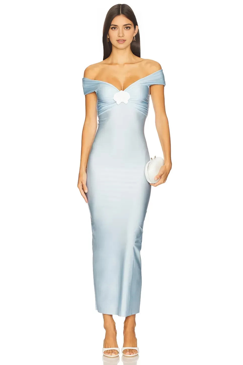 Ethereal Sheath Off Shoulder Short Sleeve Ruched Back Midi Length Evening Dress
