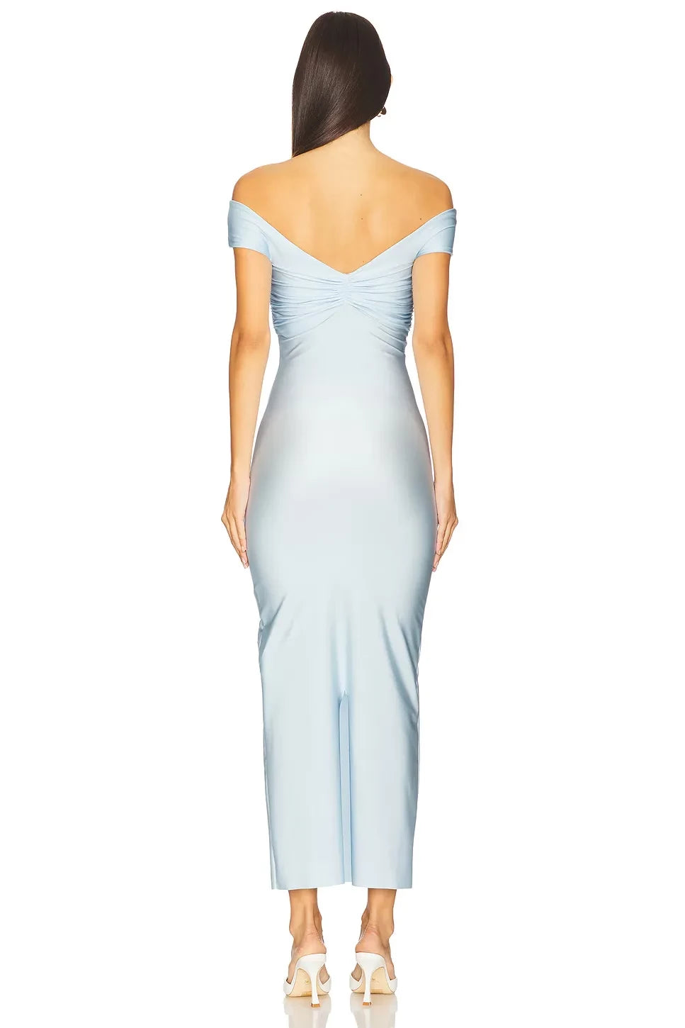 Ethereal Sheath Off Shoulder Short Sleeve Ruched Back Midi Length Evening Dress