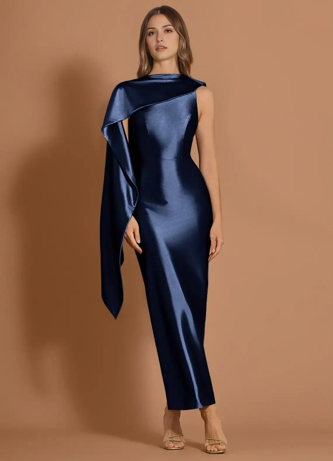 Ethereal Sheath One Shoulder Drape Sleeve Keyhole Back Floor Length For Sale Prom Dress