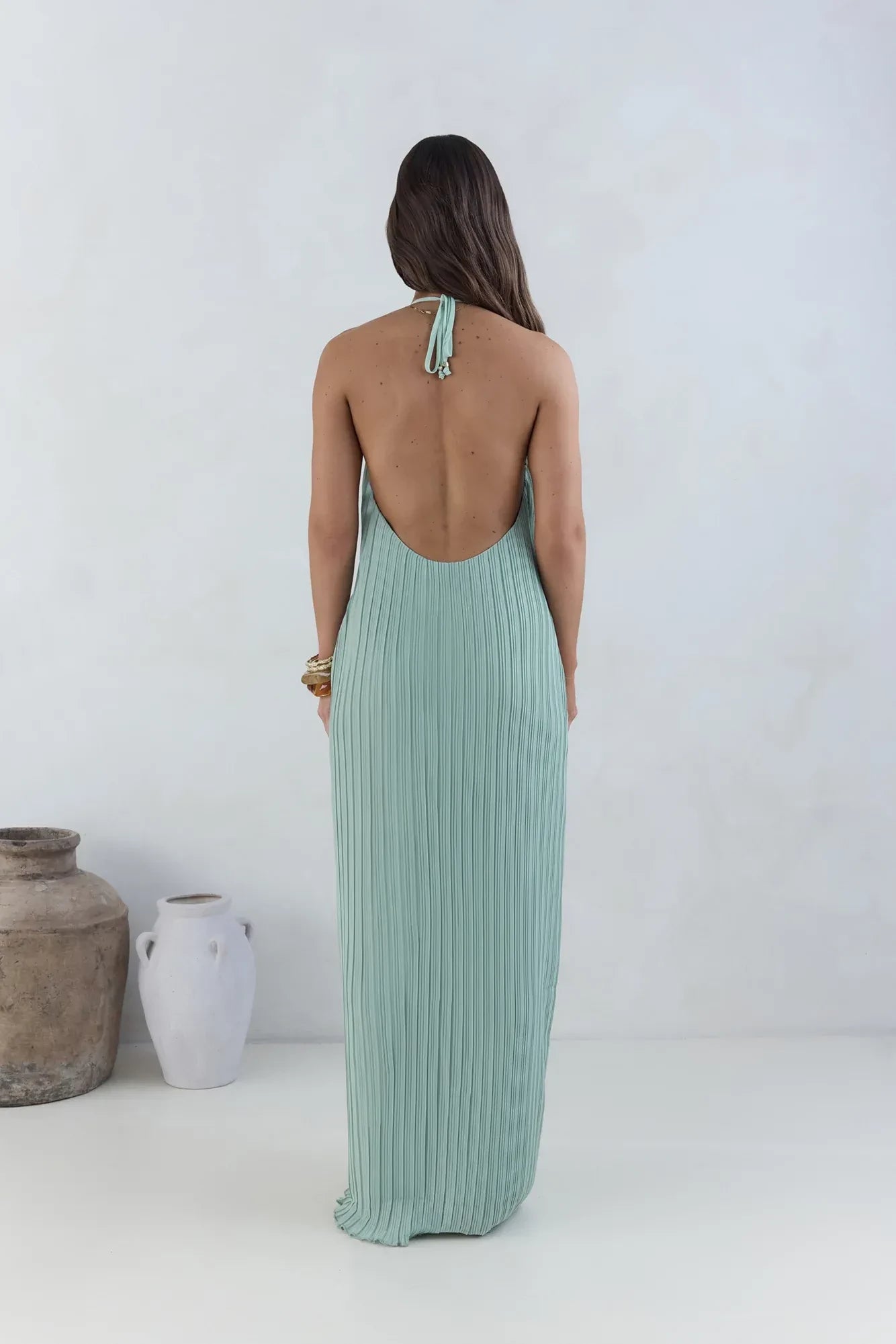 Ethereal Sheath Plunge Halter Neck Sleeveless Open Back Floor Length Prom Dress