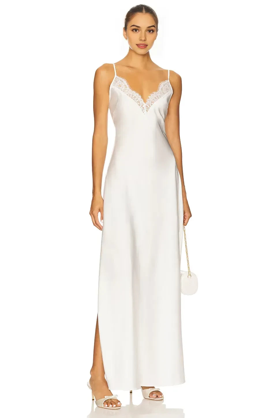 Ethereal Sheath Plunge Neck Spaghetti Strap Lace Trimmed Open Back Floor Length Prom Dress