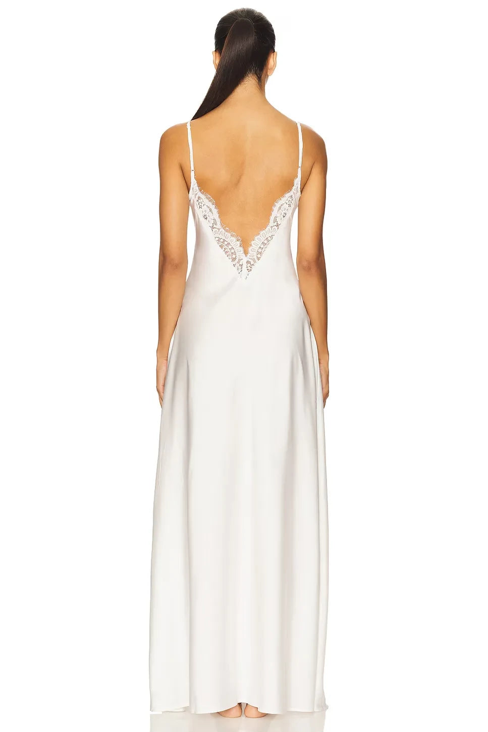 Ethereal Sheath Plunge Neck Spaghetti Strap Lace Trimmed Open Back Floor Length Prom Dress