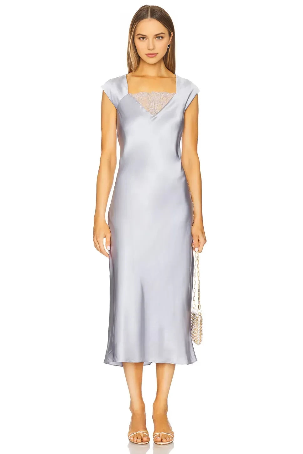 Ethereal Sheath Square Neck Cap Sleeve Lace Inset Tie Back Midi Length Prom Dress