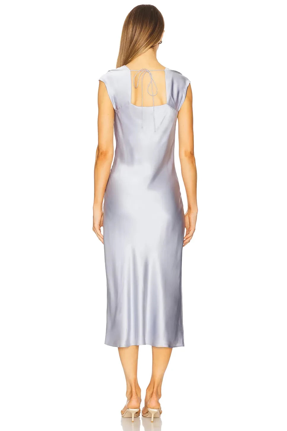 Ethereal Sheath Square Neck Cap Sleeve Lace Inset Tie Back Midi Length Prom Dress