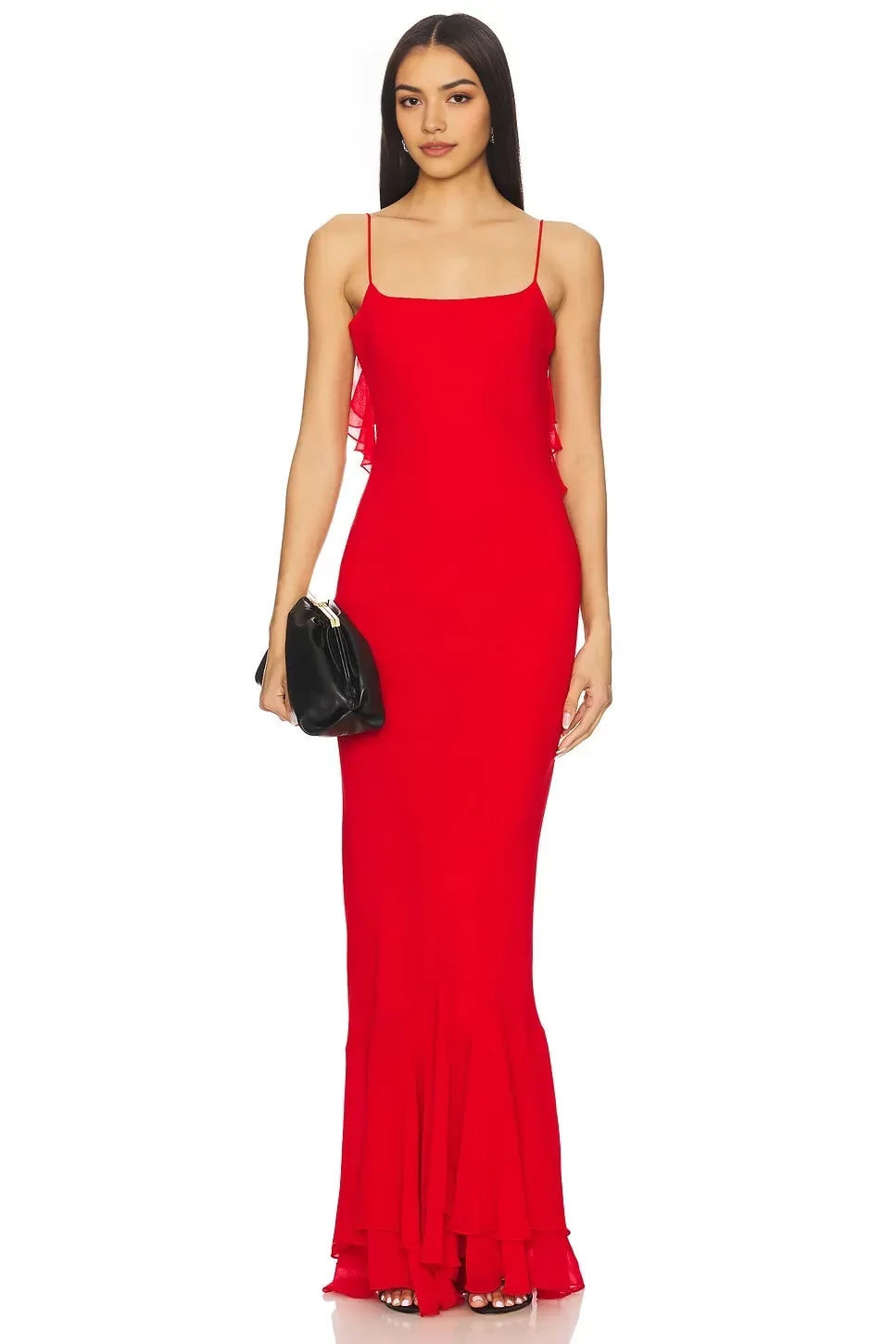 Ethereal Sheath Square Neck Spaghetti Strap Ruffled Back Floor Length Prom Dress