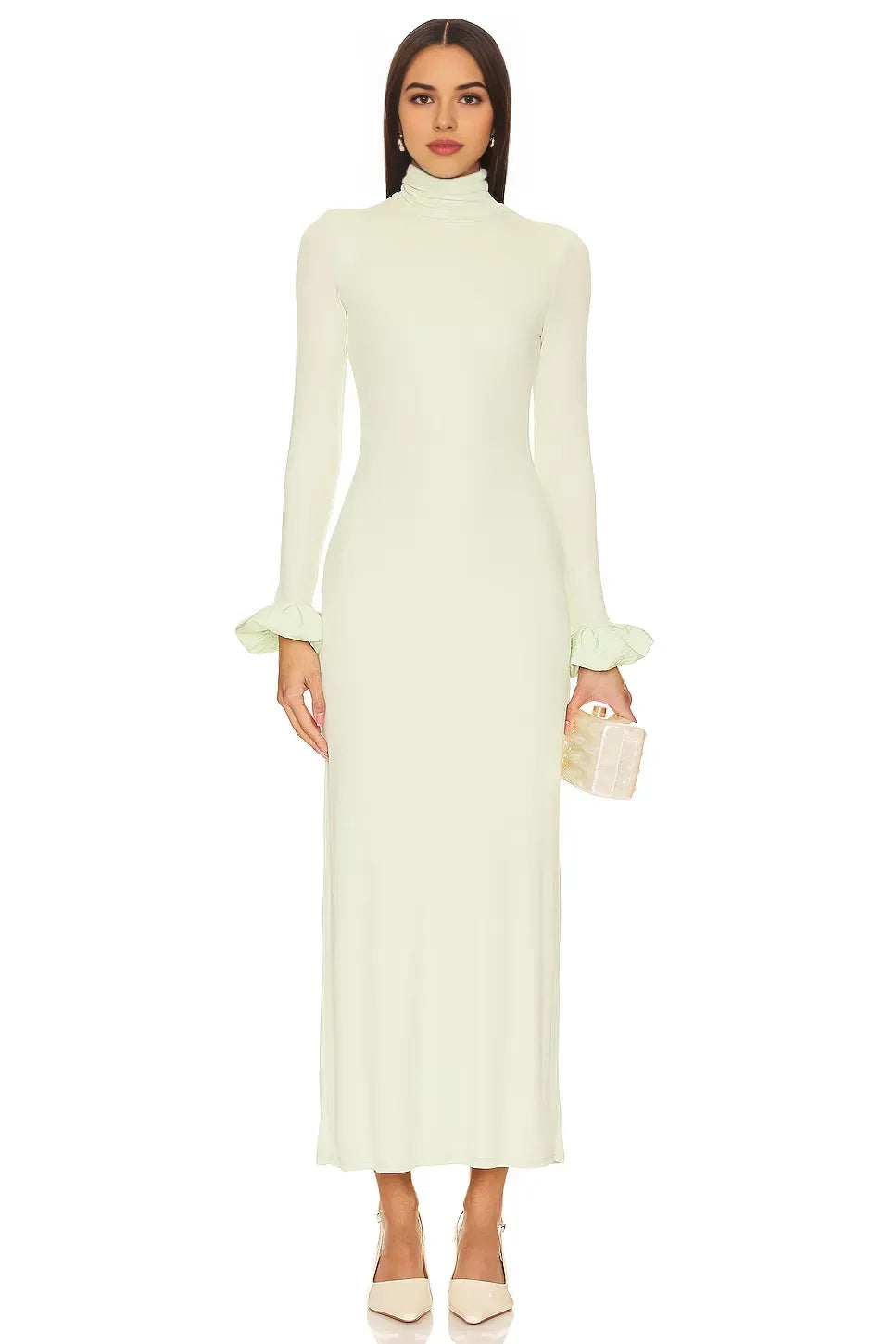 Ethereal Sheath Turtleneck Long Sleeve Ruffle Cuff Floor Length Prom Dress