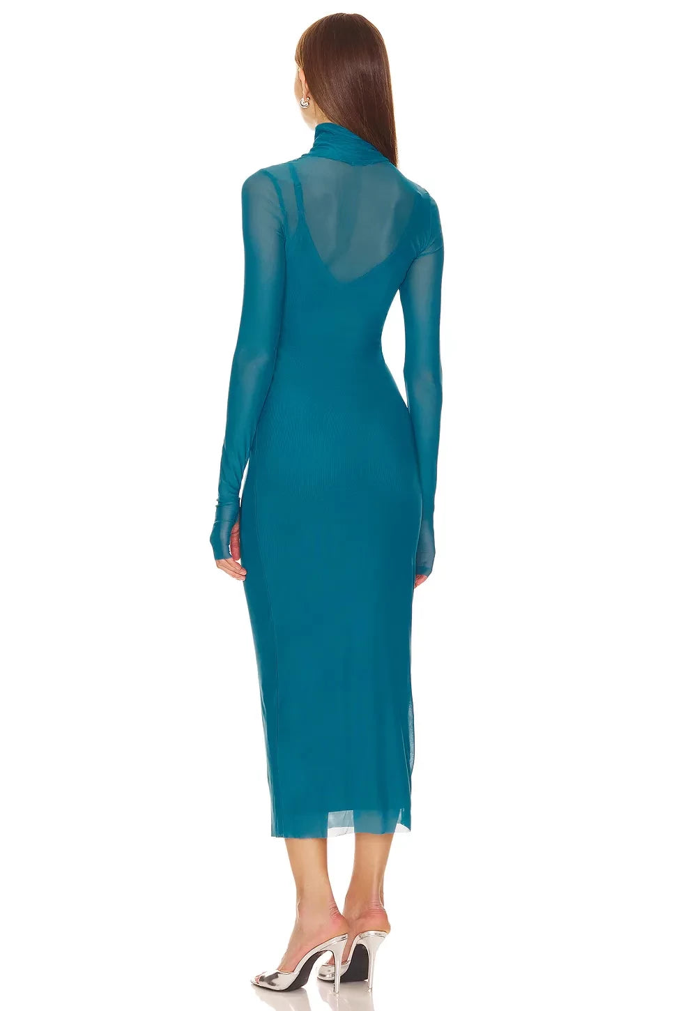 Ethereal Sheath Turtleneck Mesh Sleeve Open Back Midi Evening Dress