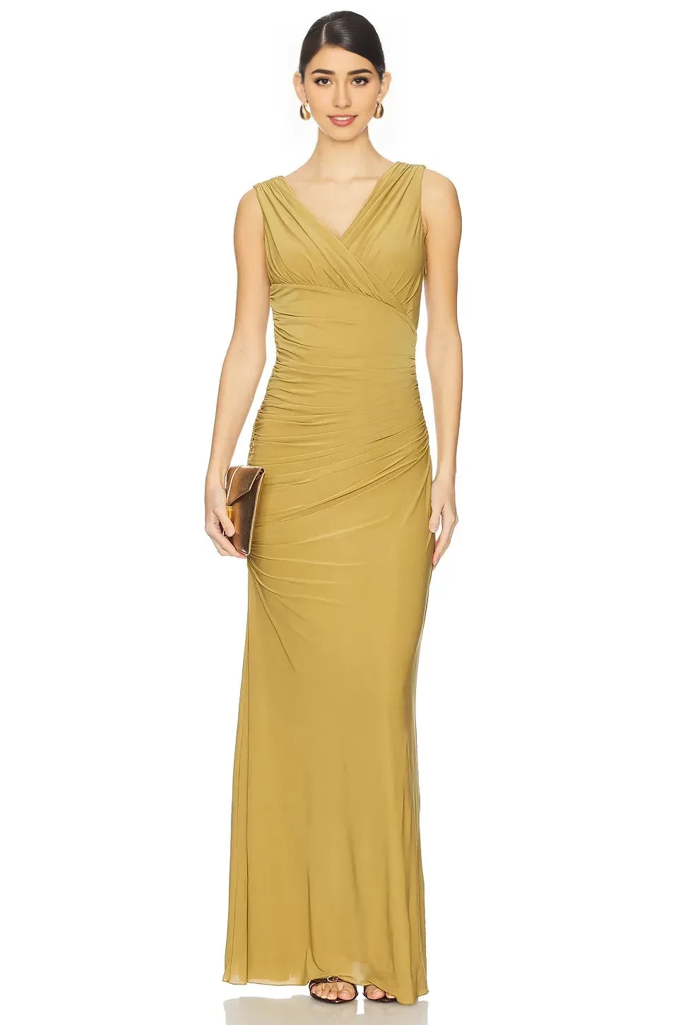 Ethereal Sheath V Neck Sleeveless Ruched Front Floor Length Prom Dress