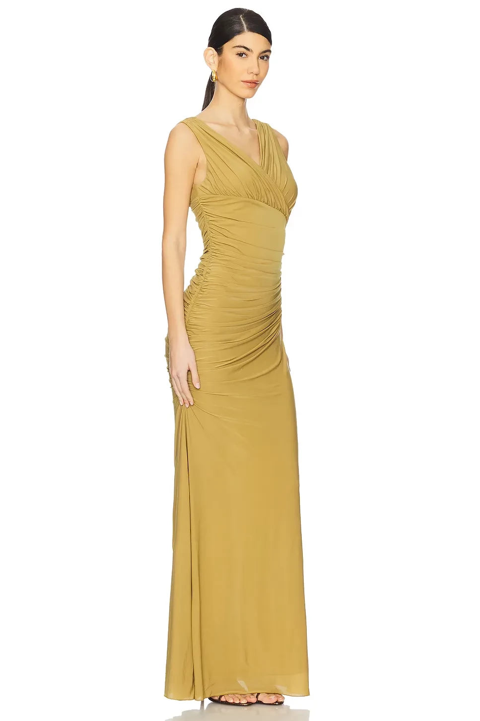 Ethereal Sheath V Neck Sleeveless Ruched Front Floor Length Prom Dress