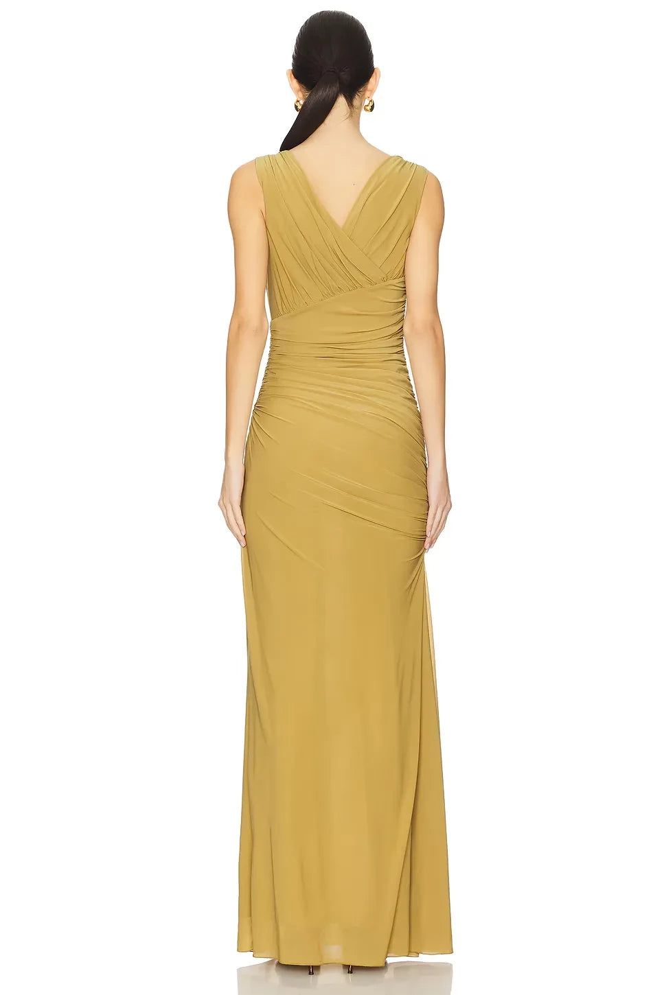 Ethereal Sheath V Neck Sleeveless Ruched Front Floor Length Prom Dress