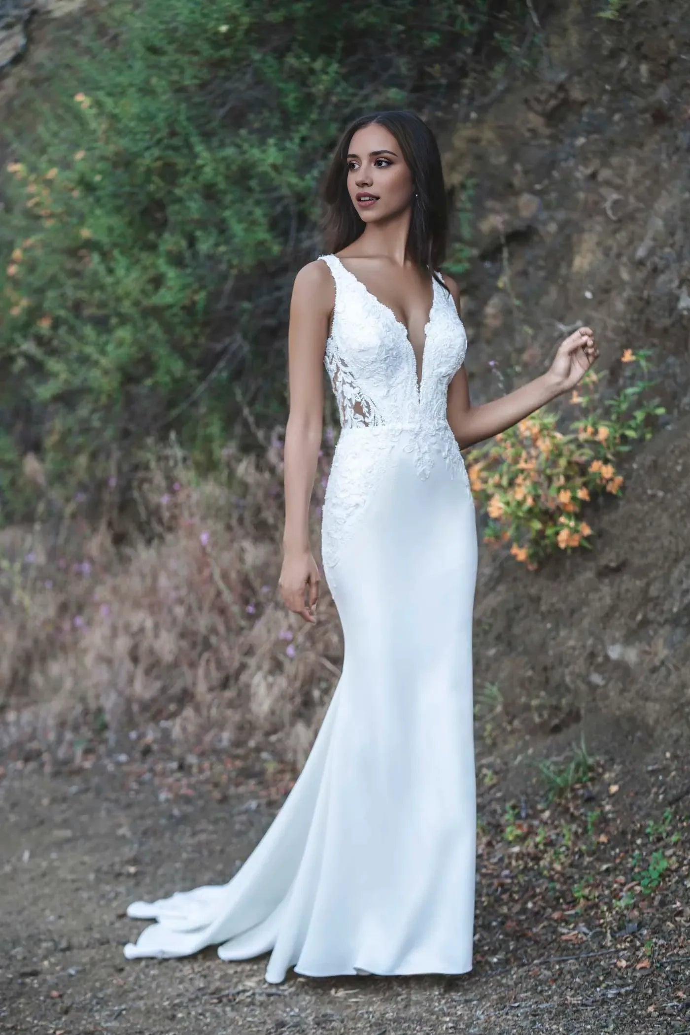 Ethereal Trumpet Plunging V Neck Sleeveless Lace Back Floor Length Wedding Dress
