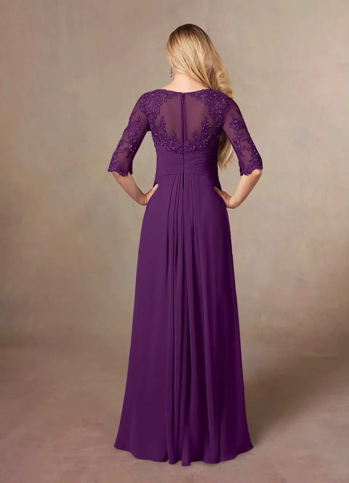 Exquisite A Line Boat Neck Three Quarter Sleeve Zipper Back Floor Length Mother of the Bride Dress