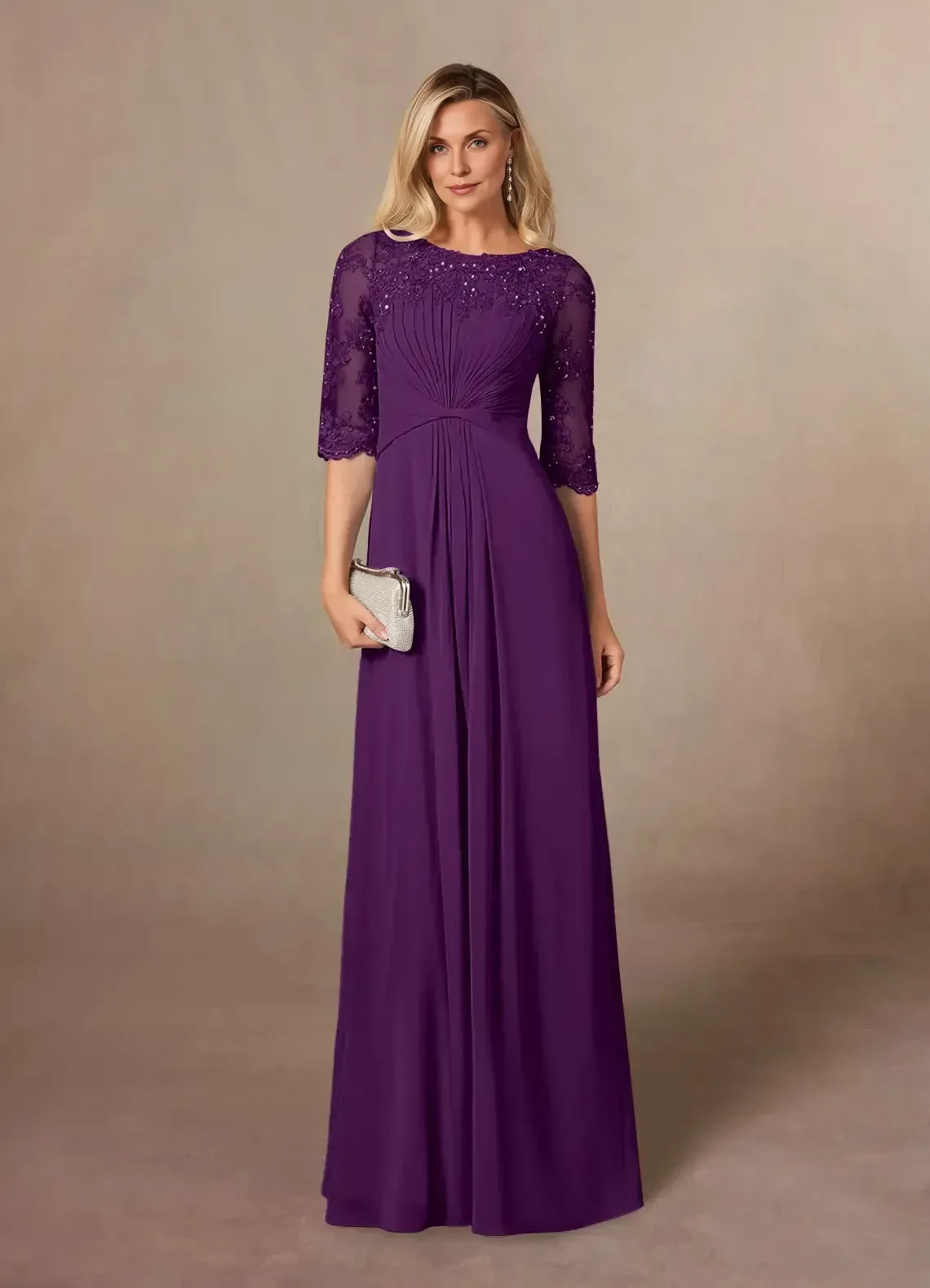Exquisite A Line Boat Neck Three Quarter Sleeve Zipper Back Floor Length Mother of the Bride Dress