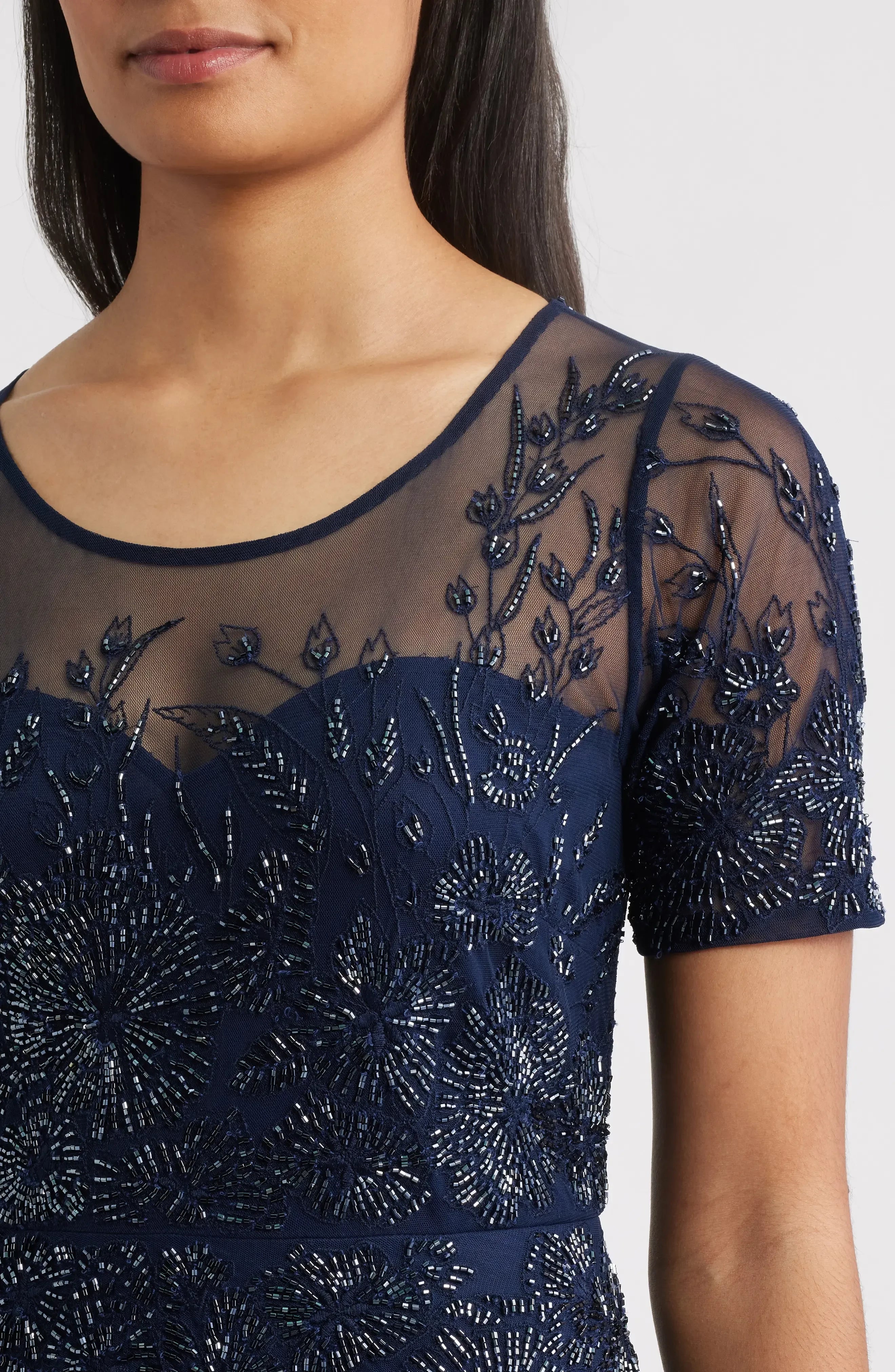 Exquisite A Line Crew Neck Short Sleeve Embroidered Back Floor Length Evening Dress