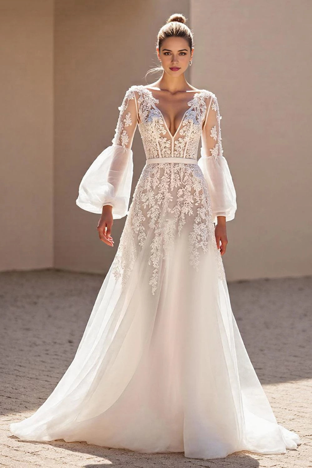 Exquisite A Line Deep V Neck Bishop Sleeve Open Back Floor Length Wedding Dress