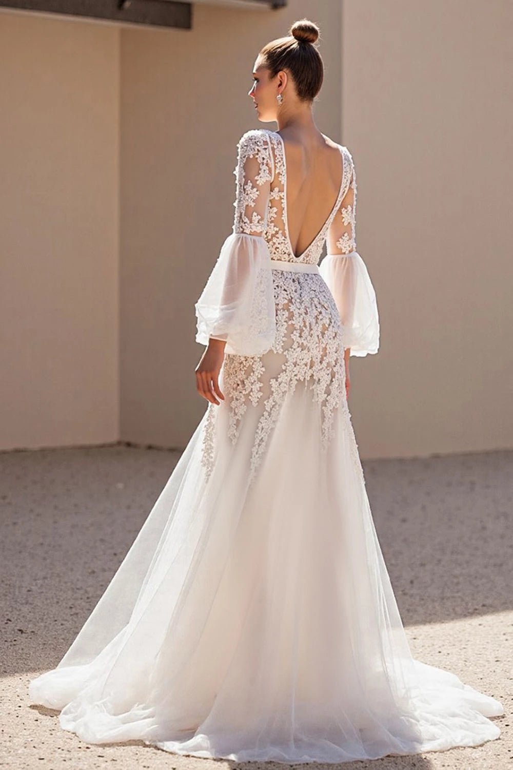 Exquisite A Line Deep V Neck Bishop Sleeve Open Back Floor Length Wedding Dress