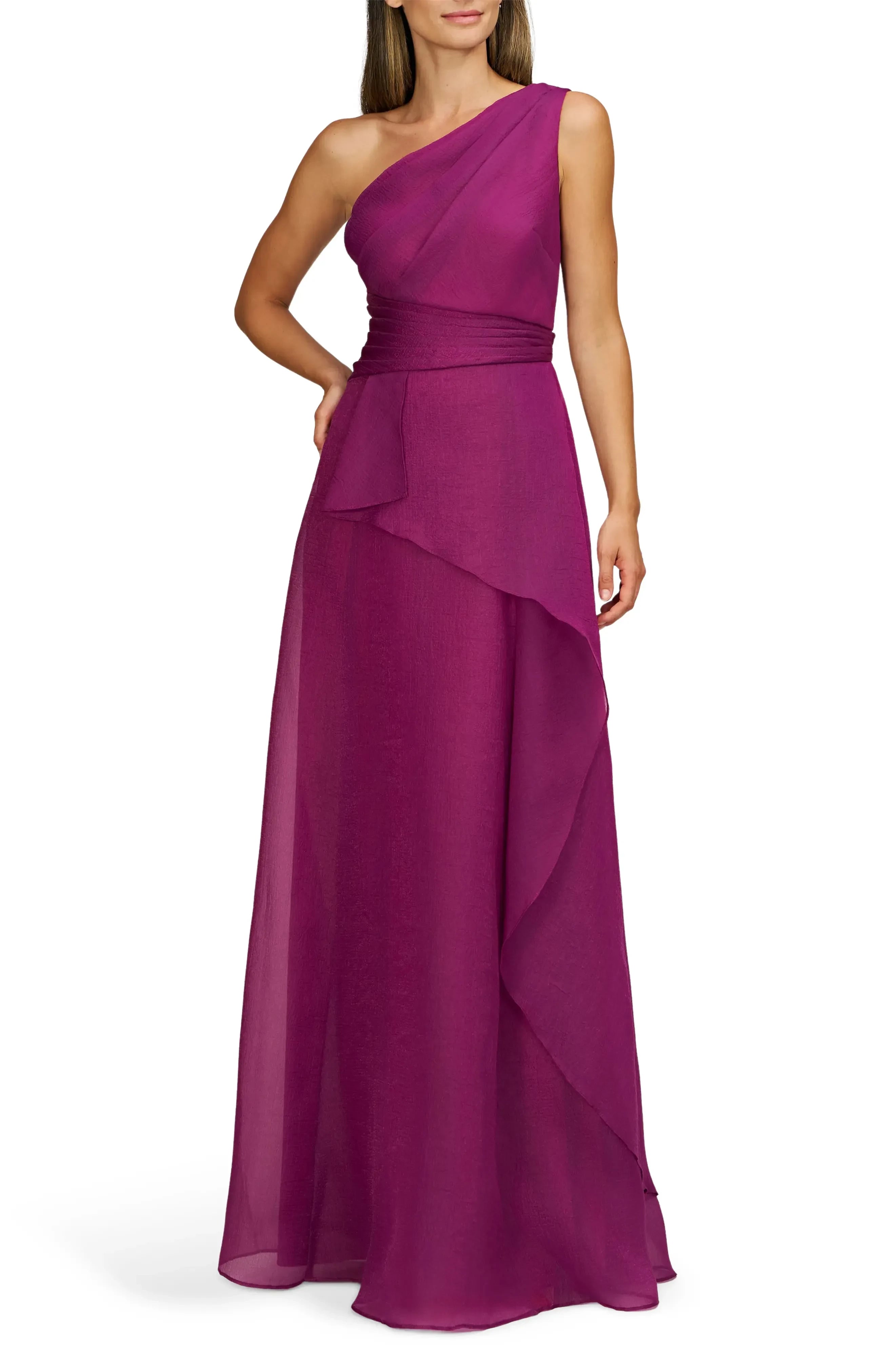Exquisite A Line One Shoulder Sleeveless Ruched Back Floor Length Evening Dress