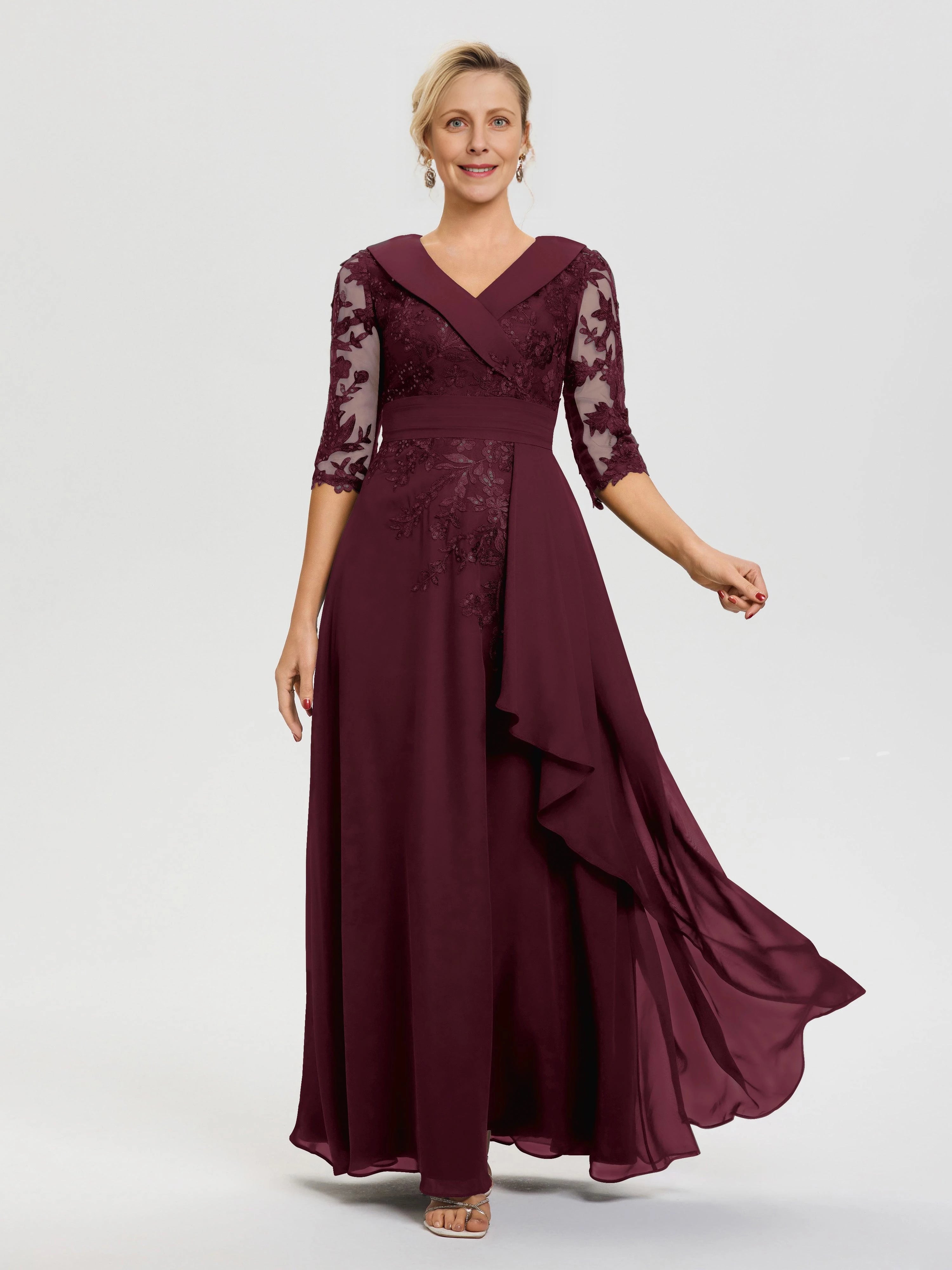 Exquisite A Line Surplice Neck Three Quarter Sleeve Zip Back Floor Length Mother of the Bride Dress