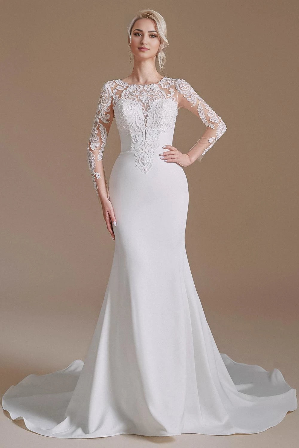 Exquisite Mermaid Illusion Neck Lace Sleeve Button Back Maxi Wedding Dress