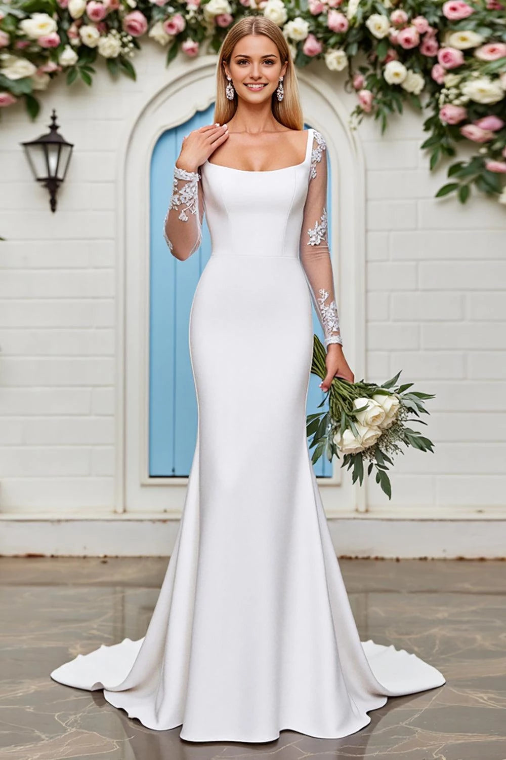 Exquisite Mermaid Square Neck Lace Long Sleeve Open Back Floor Length Wedding Dress