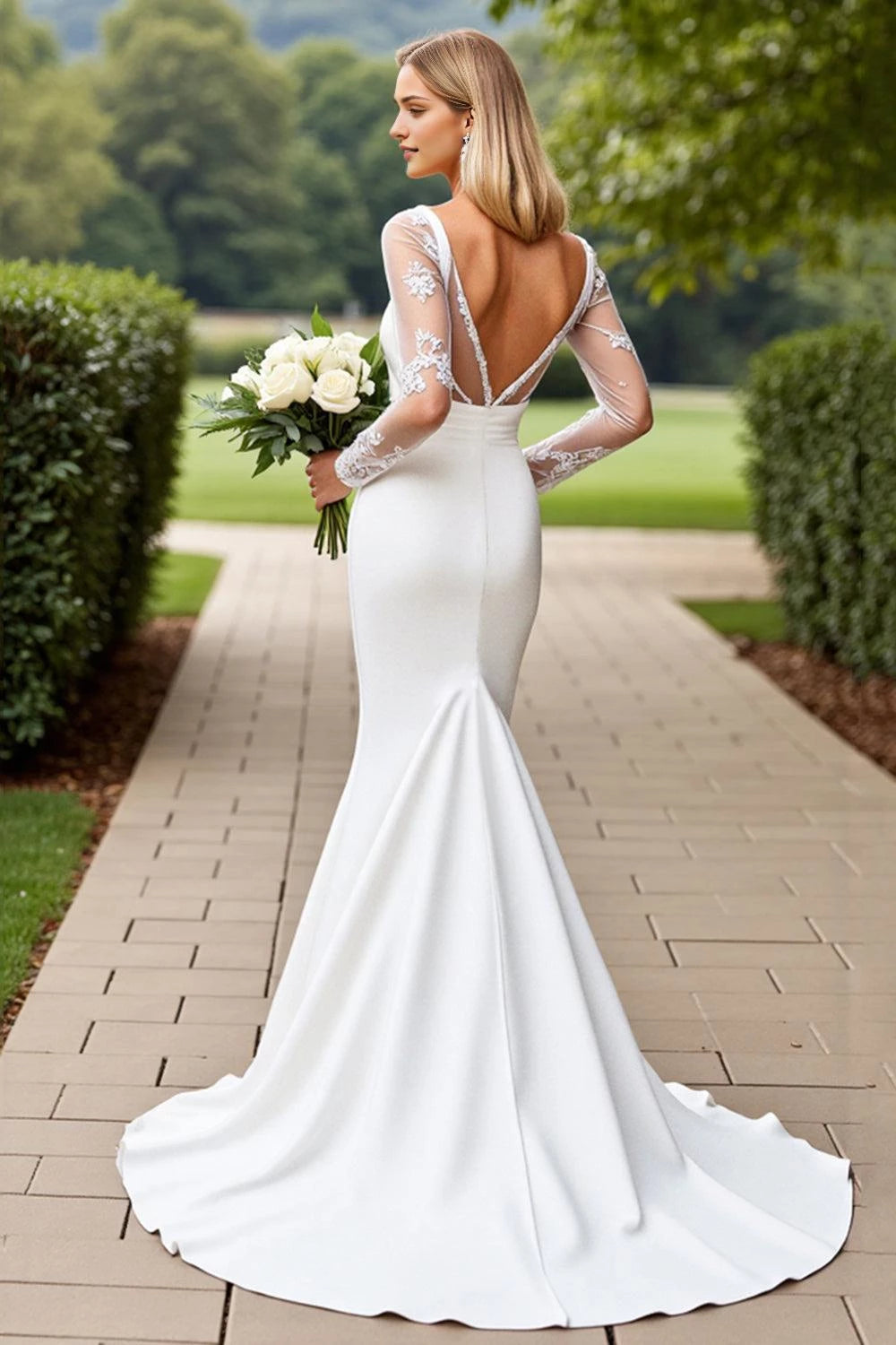 Exquisite Mermaid Square Neck Lace Long Sleeve Open Back Floor Length Wedding Dress