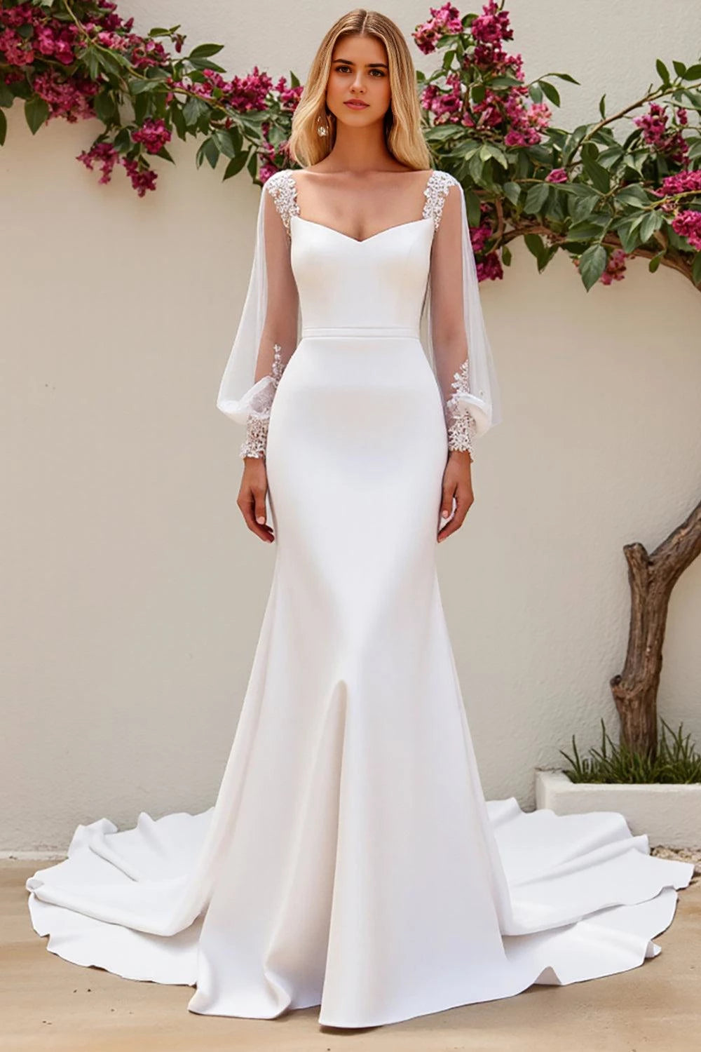 Exquisite Mermaid Sweetheart Neck Sheer Long Sleeve Lace Back Floor Length Wedding Dress