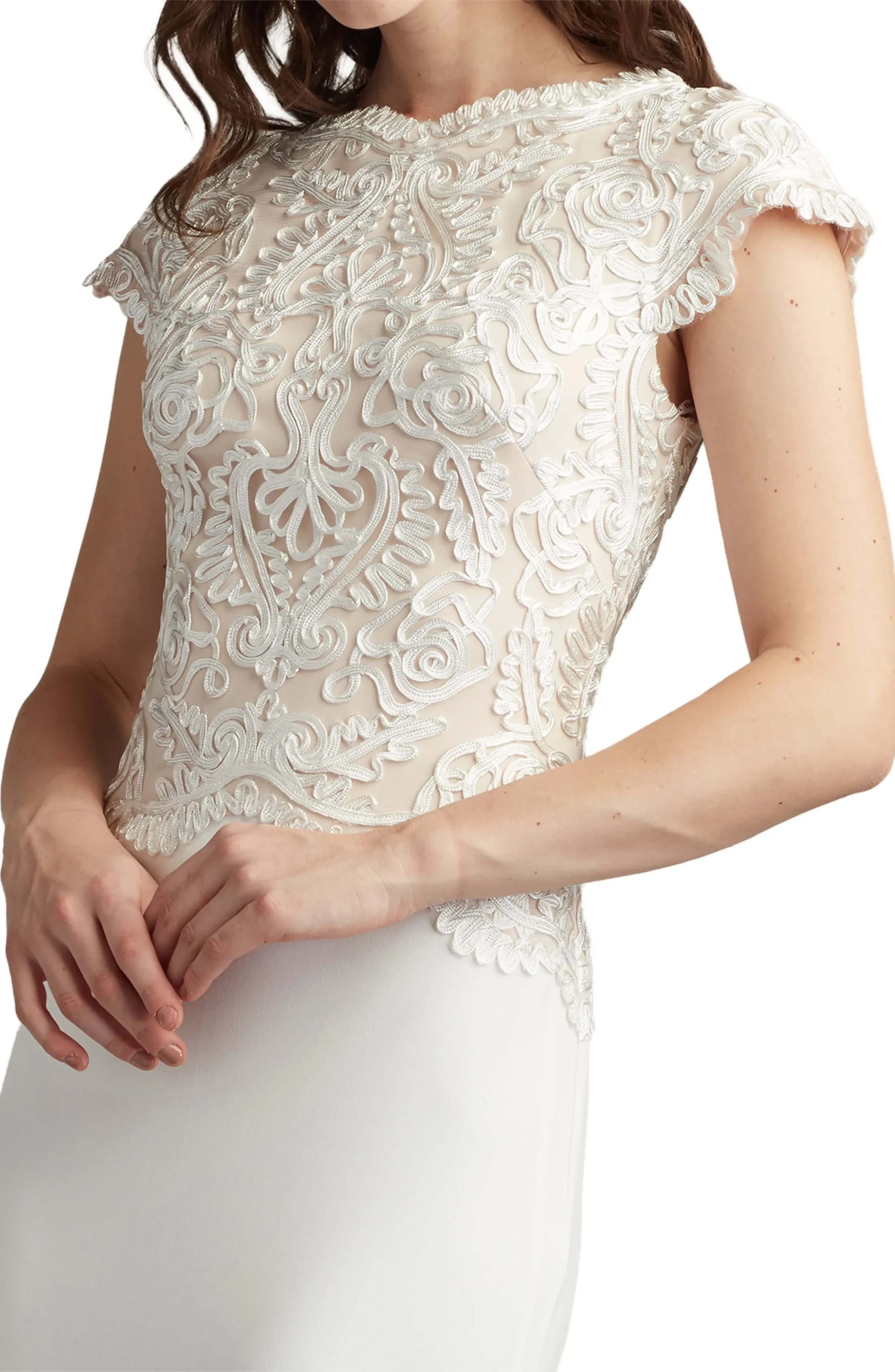 Exquisite Sheath Crew Neck Cap Sleeve Zipper Back Floor Length Evening Dress