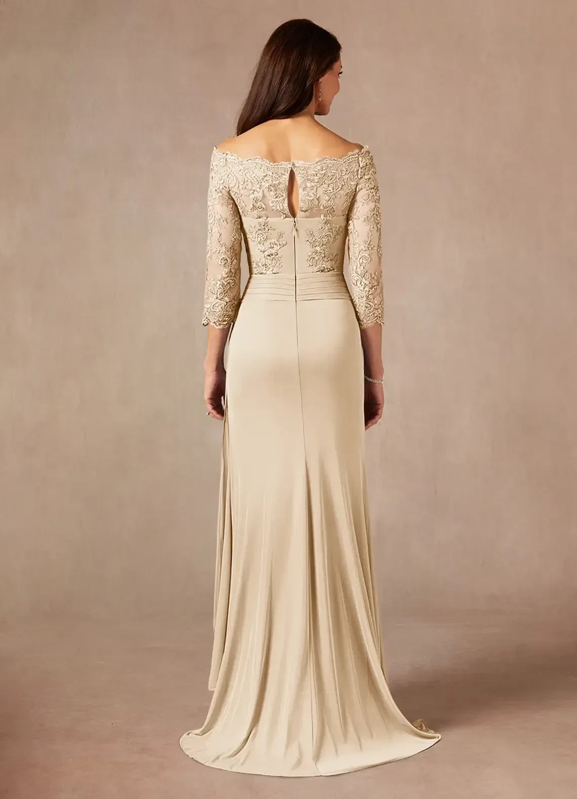 Exquisite Sheath Off Shoulder Three Quarter Sleeve Keyhole Back Floor Length Mother of the Bride Dress