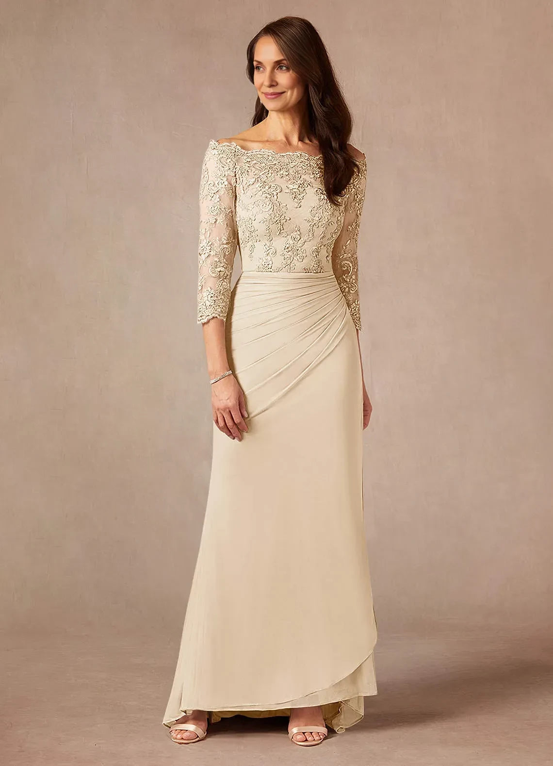 Exquisite Sheath Off Shoulder Three Quarter Sleeve Keyhole Back Floor Length Mother of the Bride Dress