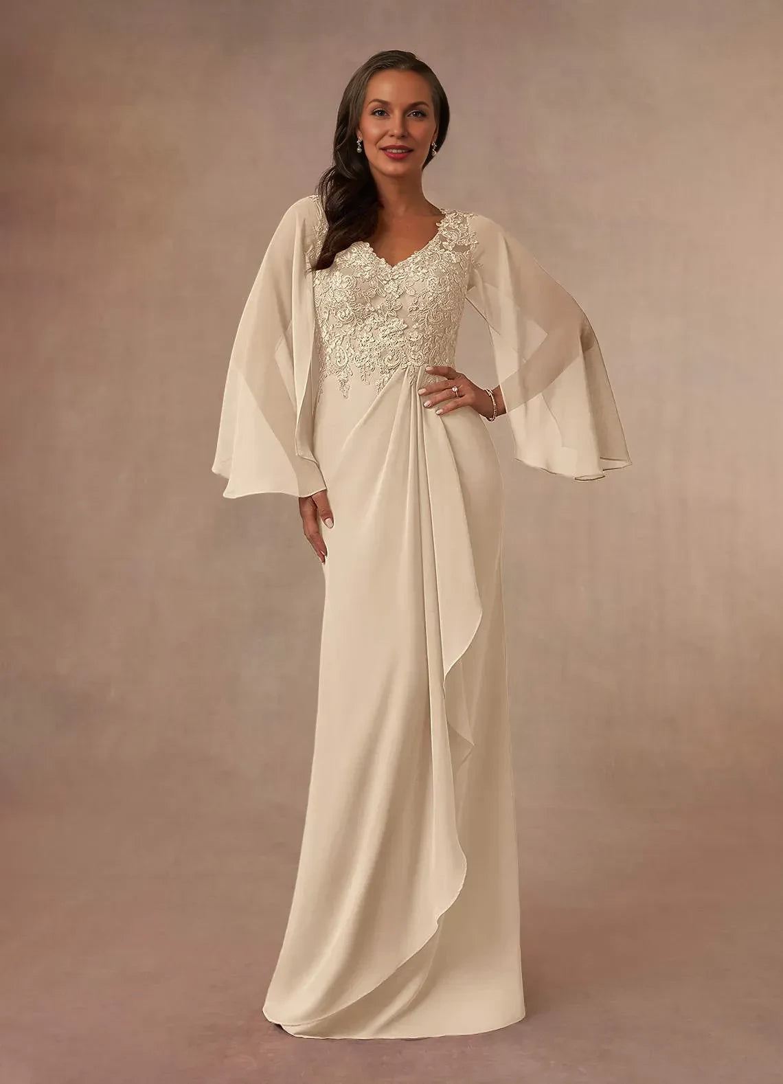 Exquisite Sheath V Neck Bell Sleeve Zipper Back Floor Length Mother of the Bride Dress