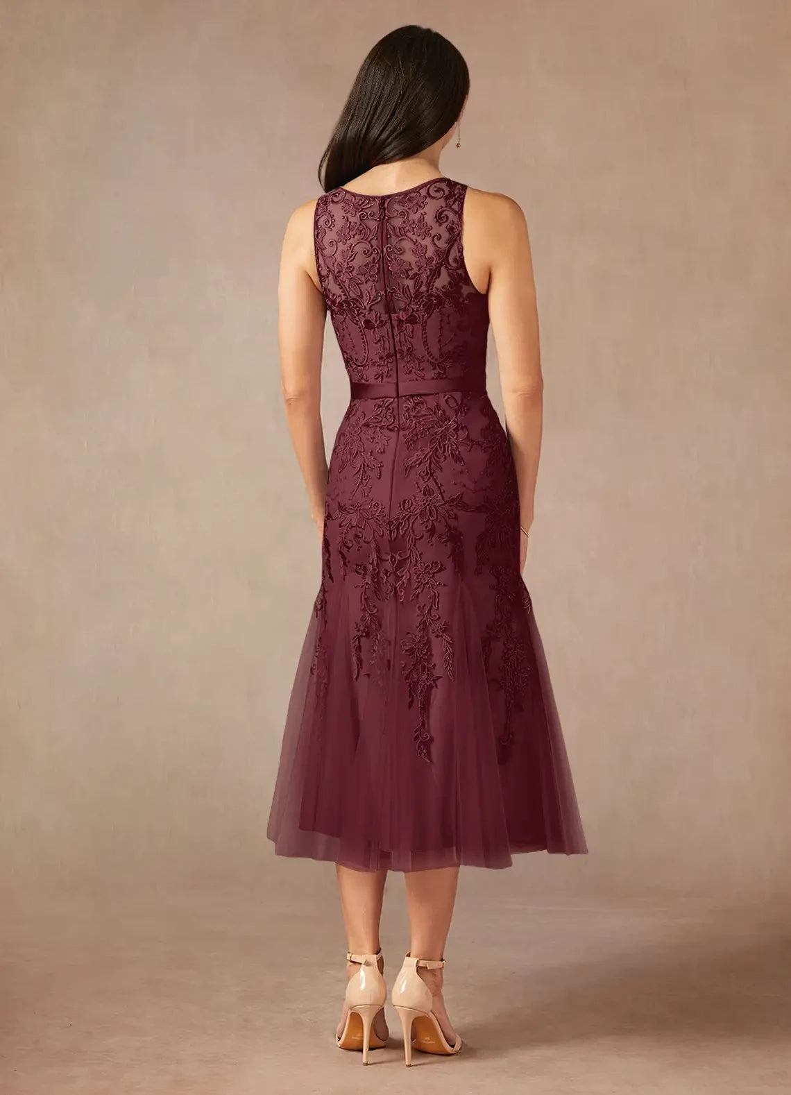 Exquisite Trumpet Illusion Neck Sleeveless Zipper Back Midi Length Mother of the Bride Dress