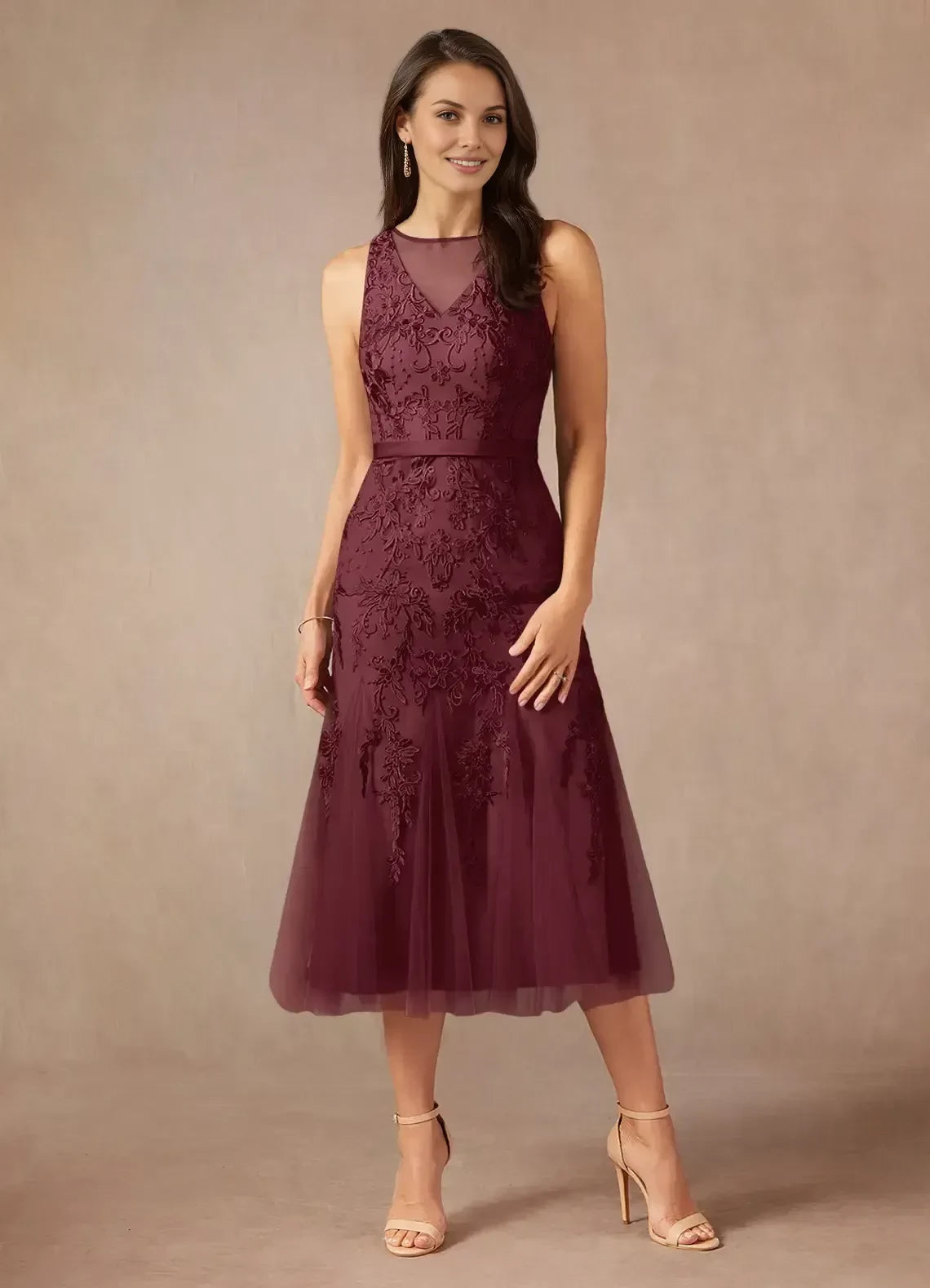 Exquisite Trumpet Illusion Neck Sleeveless Zipper Back Midi Length Mother of the Bride Dress