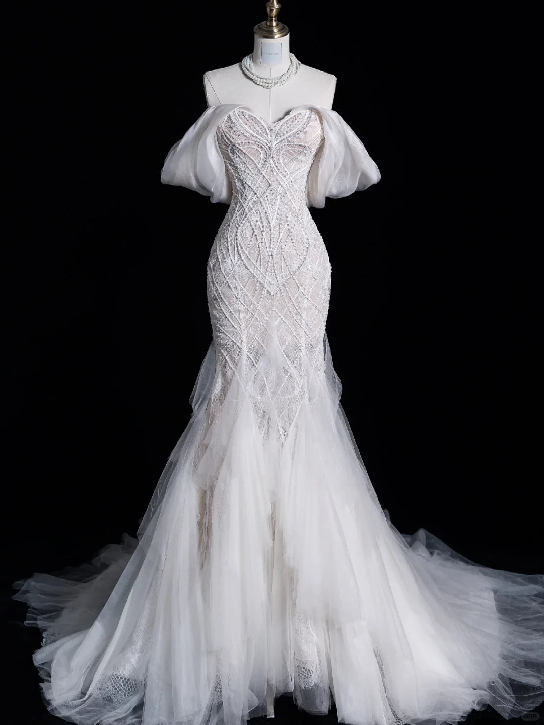 Exquisite Mermaid Off the Shoulder Beaded Lace Tulle Floor length Wedding Dress Prom Dress Cocktail Dress Homecoming Dress Evening Dress Party Dress