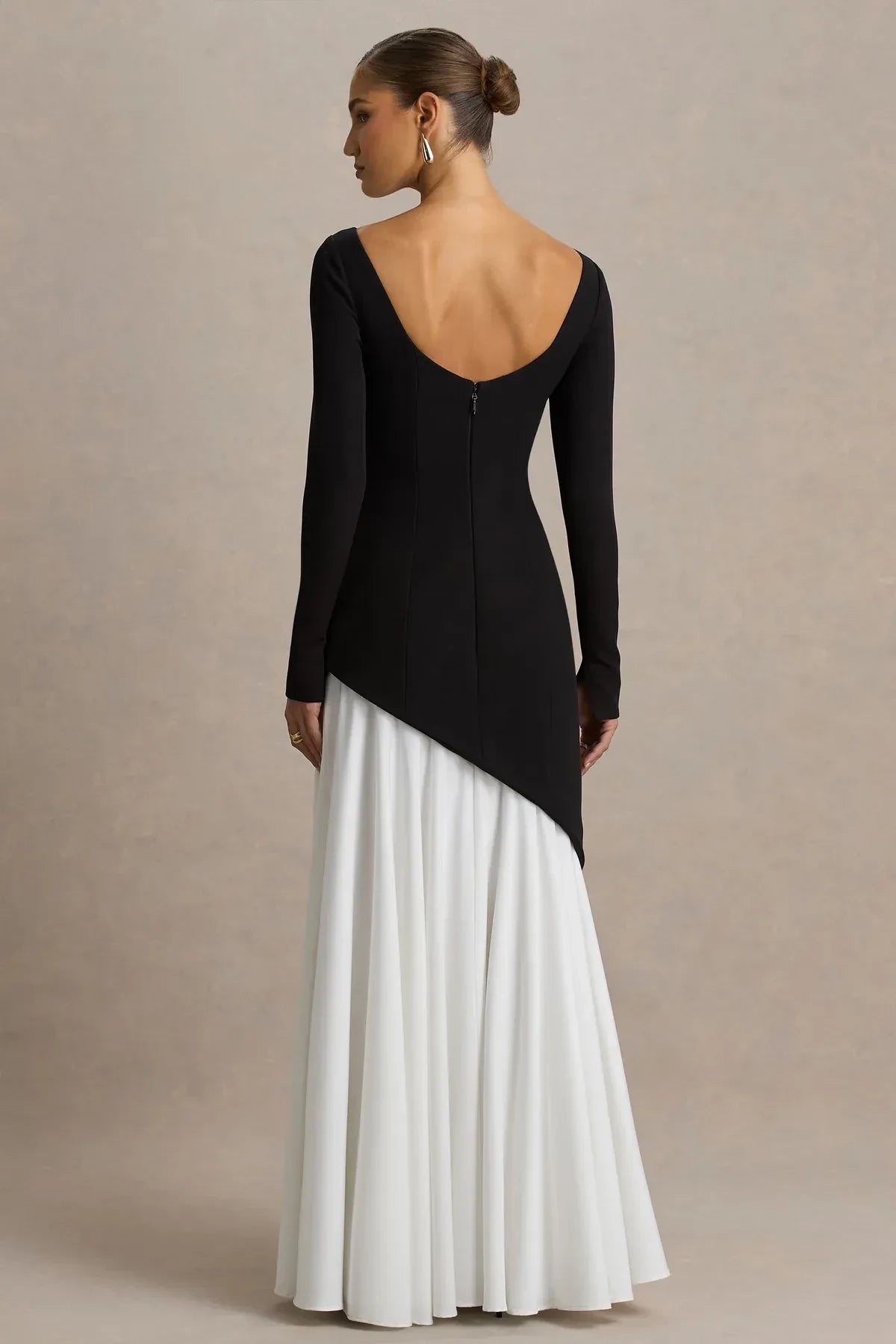 Fascinating A Line Boat Neck Long Sleeve Asymmetrical Hem Floor Length Evening Dress
