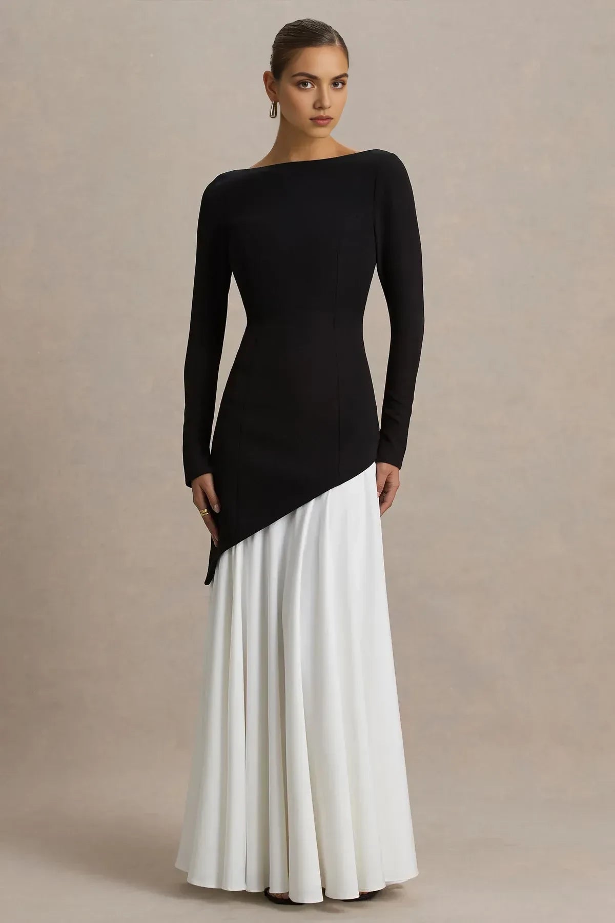 Fascinating A Line Boat Neck Long Sleeve Asymmetrical Hem Floor Length Evening Dress