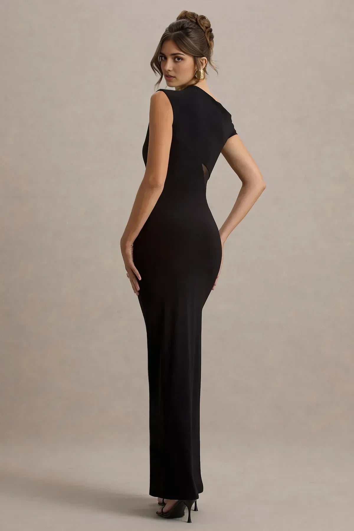 Fascinating Mermaid One Shoulder Cap Sleeve Mesh Detail High Slit Floor Length Evening Dress