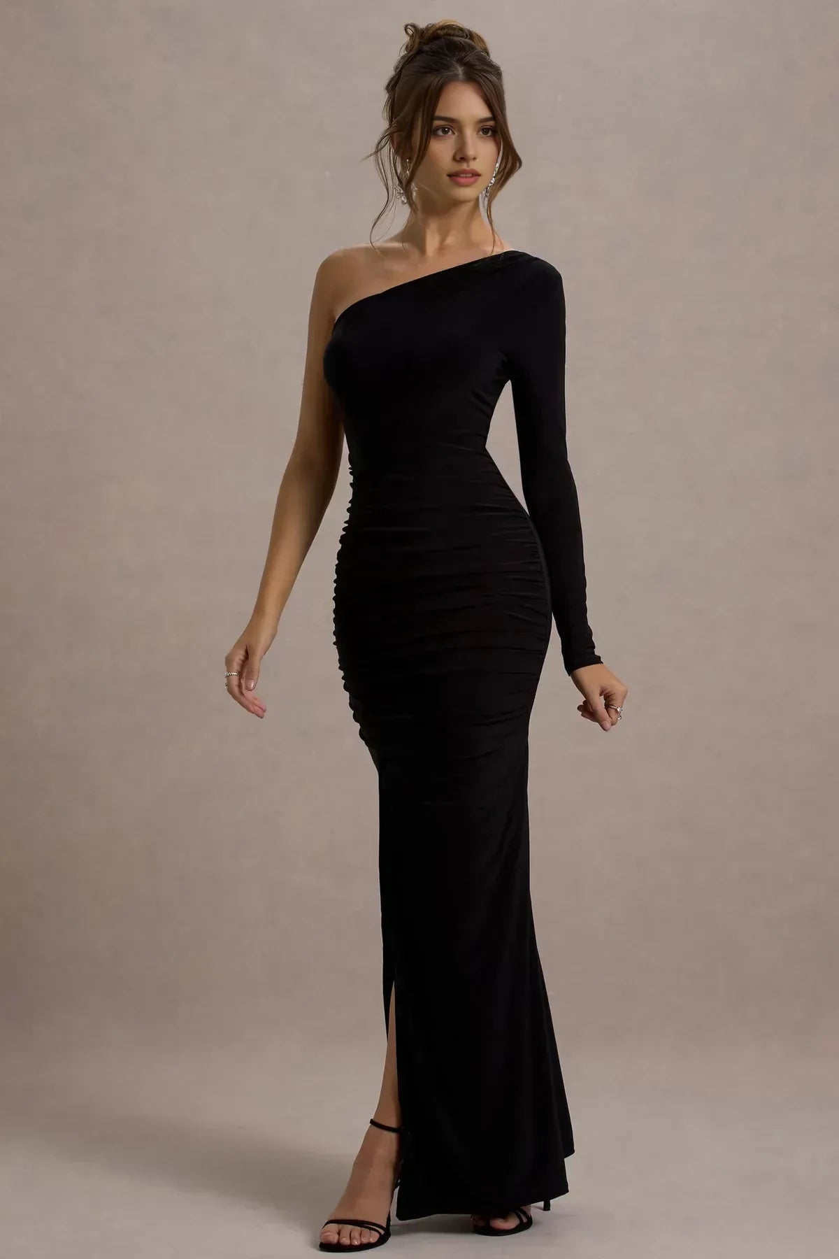 Fascinating Mermaid One Shoulder Long Sleeve Ruched Side High Slit Floor Length Evening Dress