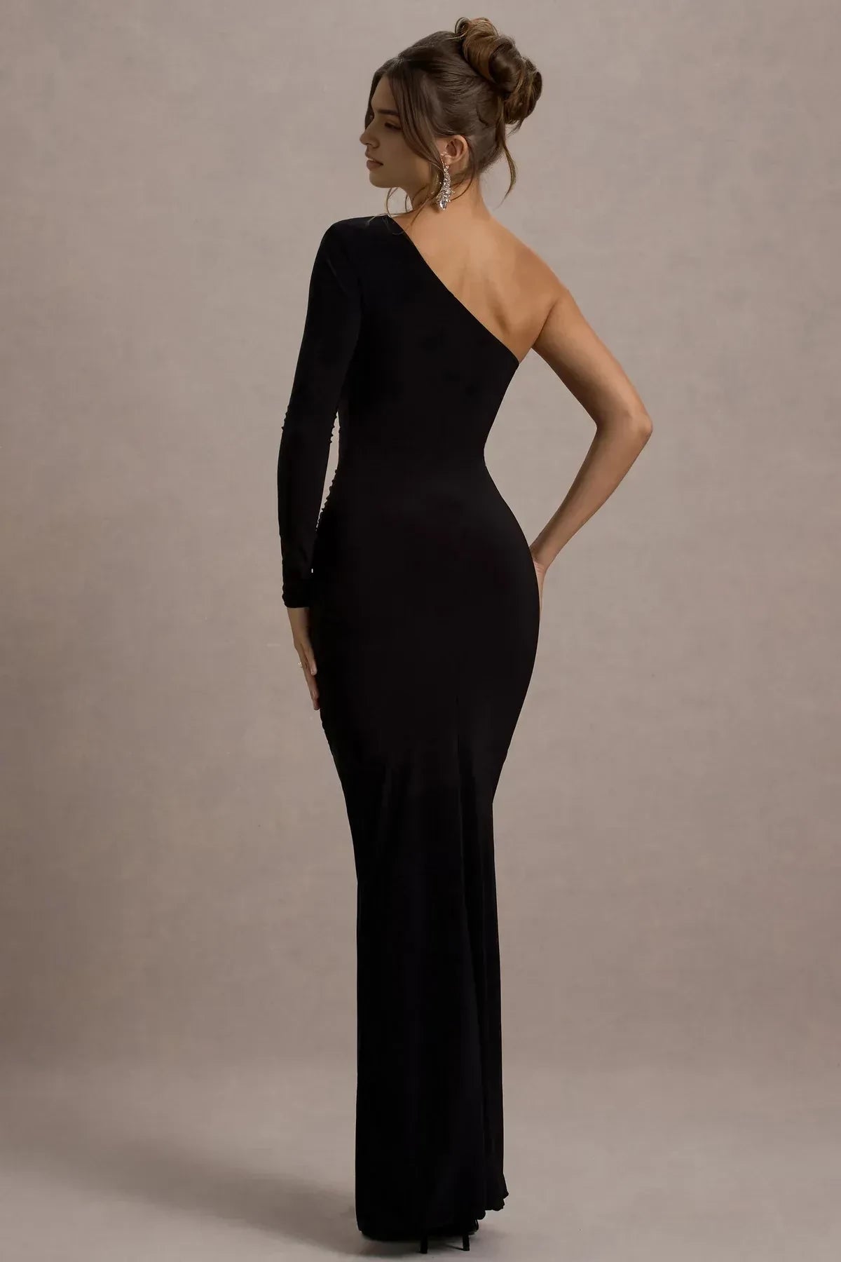 Fascinating Mermaid One Shoulder Long Sleeve Ruched Side High Slit Floor Length Evening Dress