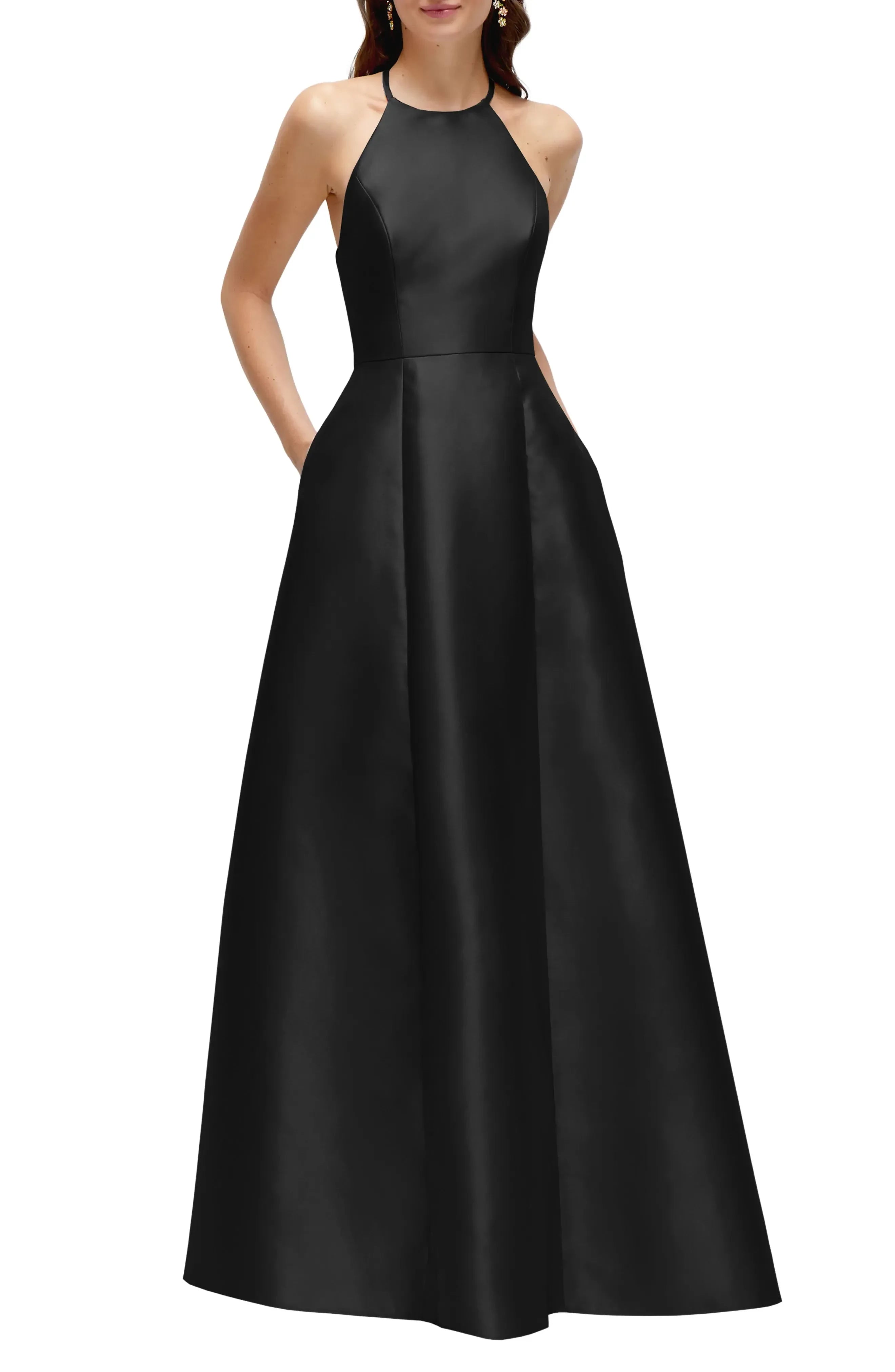 Fashion A Line Halter Neck Sleeveless Keyhole Back Floor Length Bridesmaid Dress