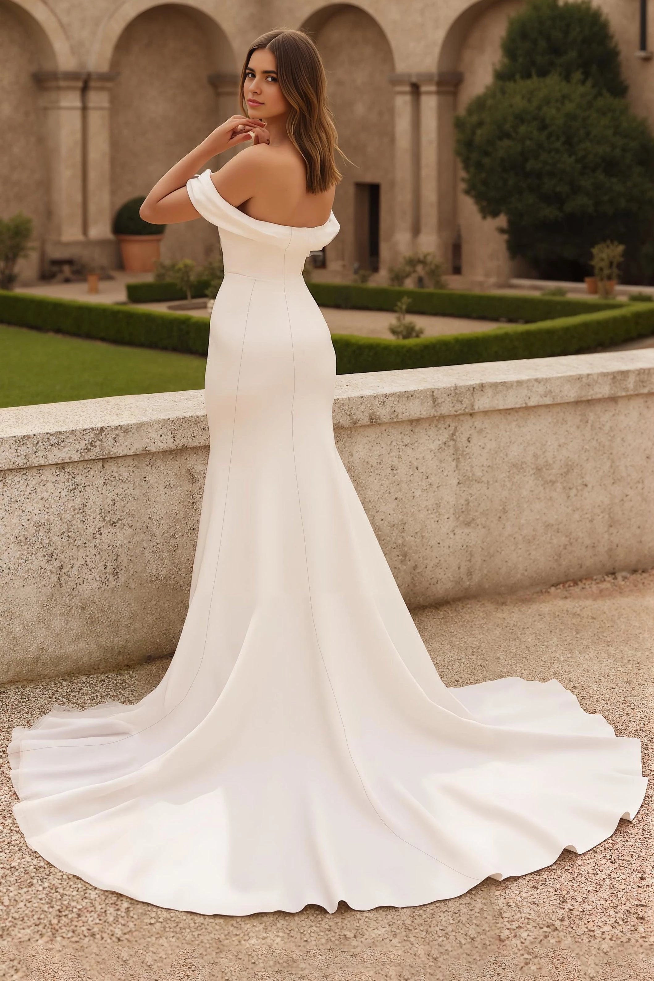 Fashion Mermaid Off Shoulder Flutter Sleeve Open Back Floor Length Wedding Dress