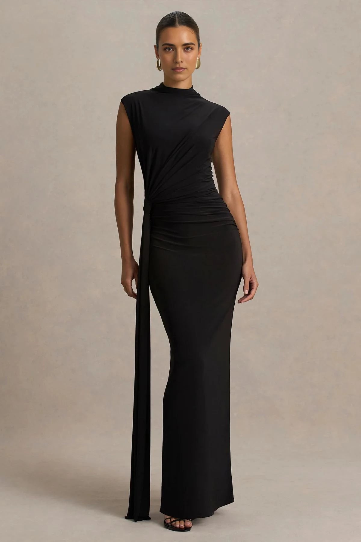 Fashionable Mermaid Mock Neck Cap Sleeve Draped Side Back Slit Floor Length Evening Dress