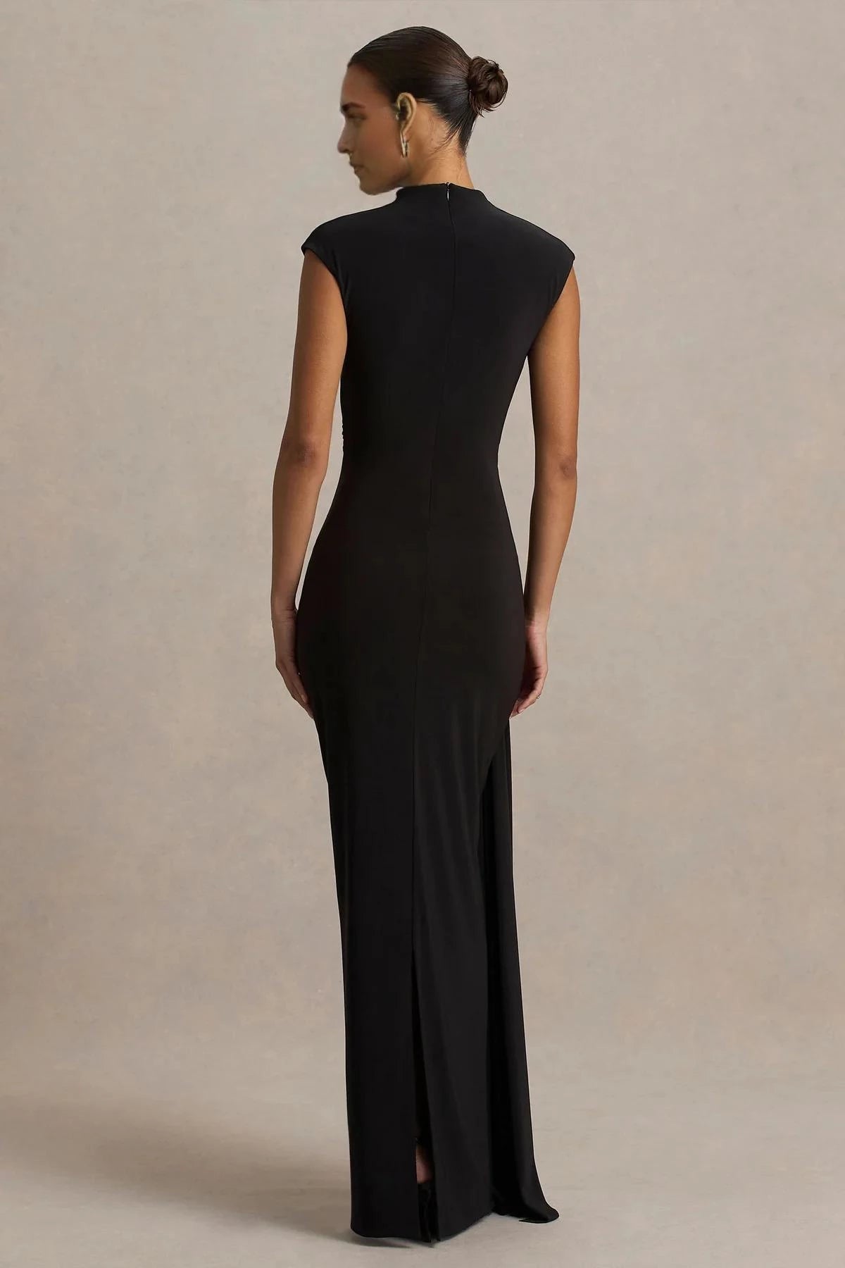 Fashionable Mermaid Mock Neck Cap Sleeve Draped Side Back Slit Floor Length Evening Dress