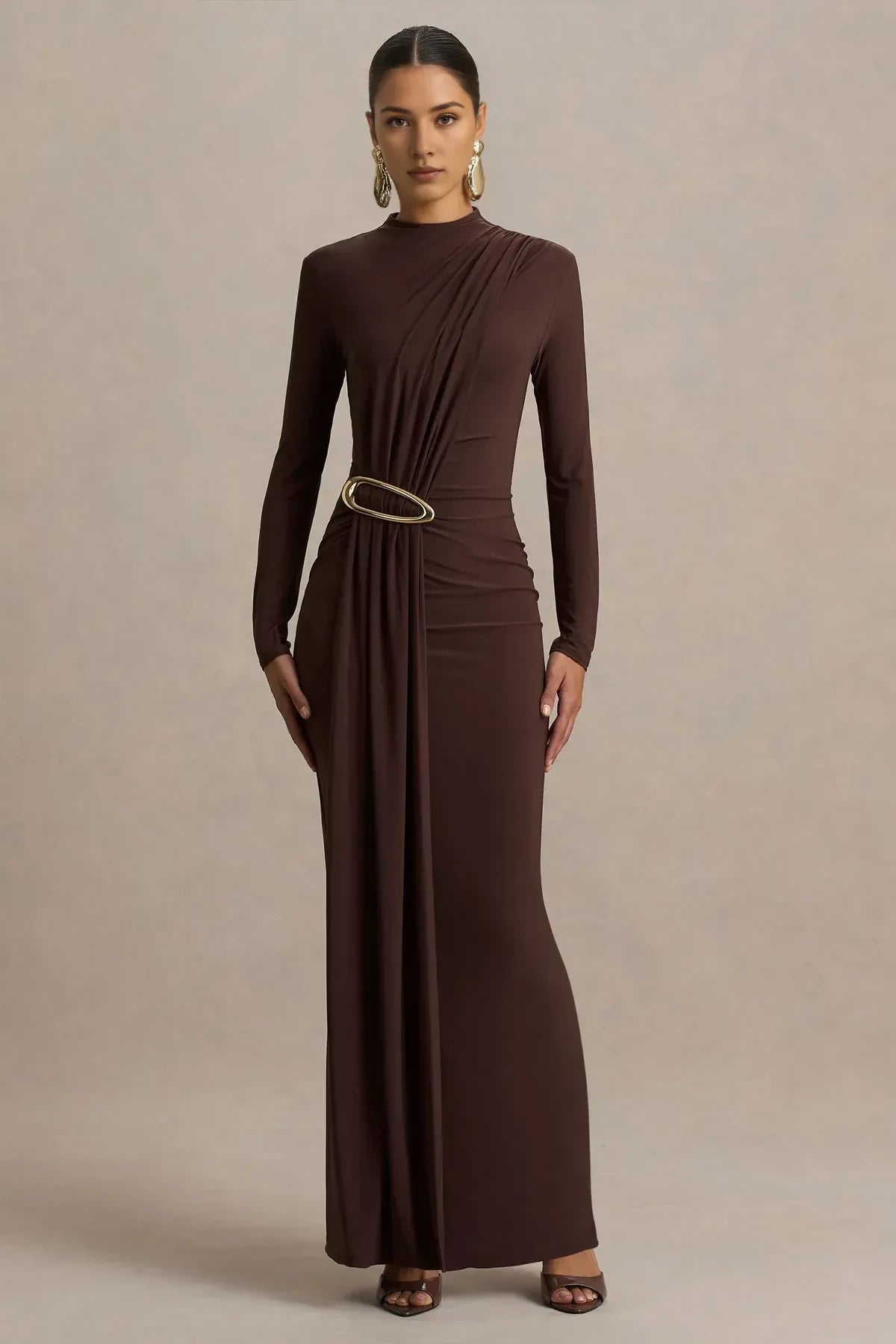 Fashionable Sheath High Neck Long Sleeve Ruched Back Floor Length Evening Dress