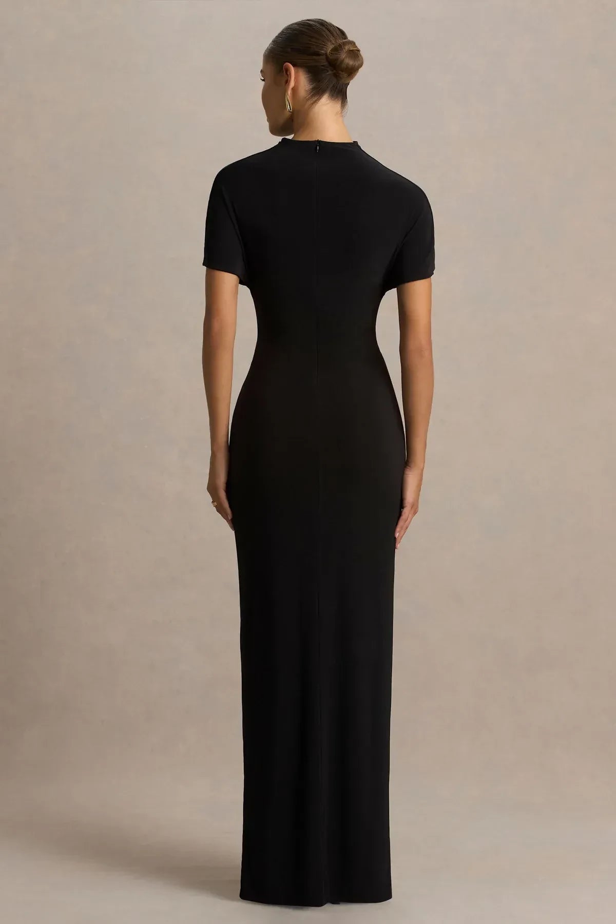 Fashionable Sheath High Neck Short Sleeve Ruched Back Floor Length Evening Dress